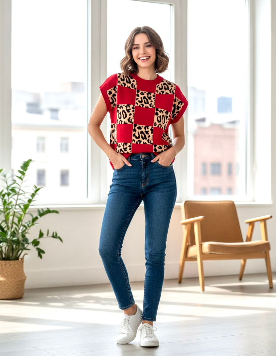 Red Leopard Checkerboard Short Sleeve Knit Sweater