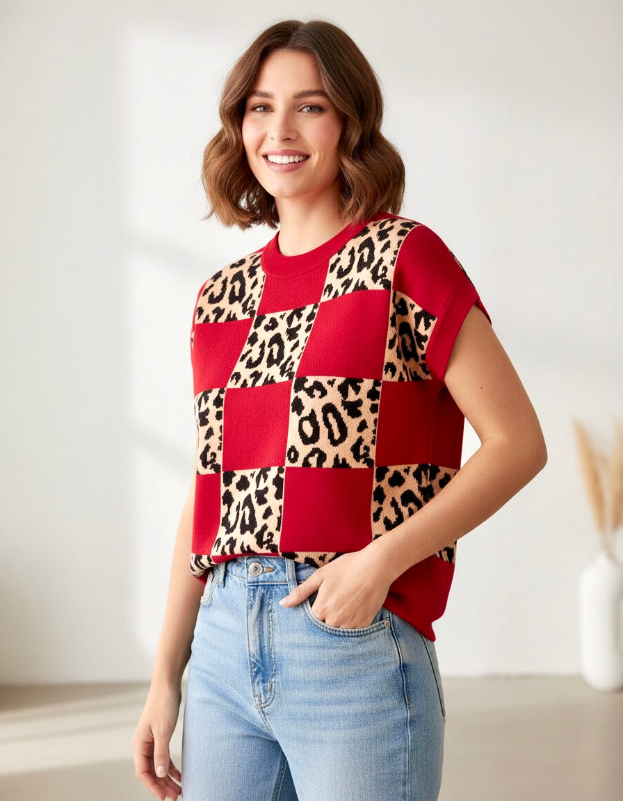 Red Leopard Checkerboard Short Sleeve Knit Sweater
