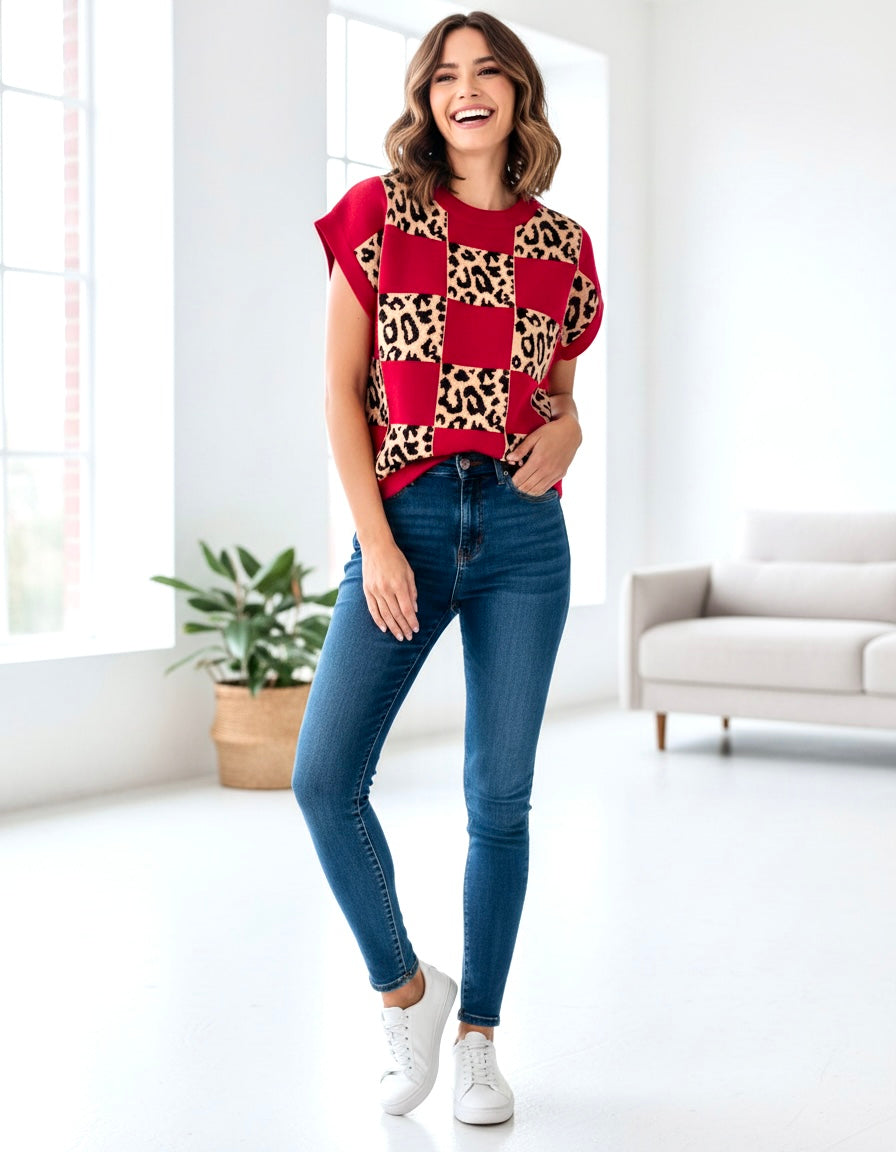 Red Leopard Checkerboard Short Sleeve Knit Sweater