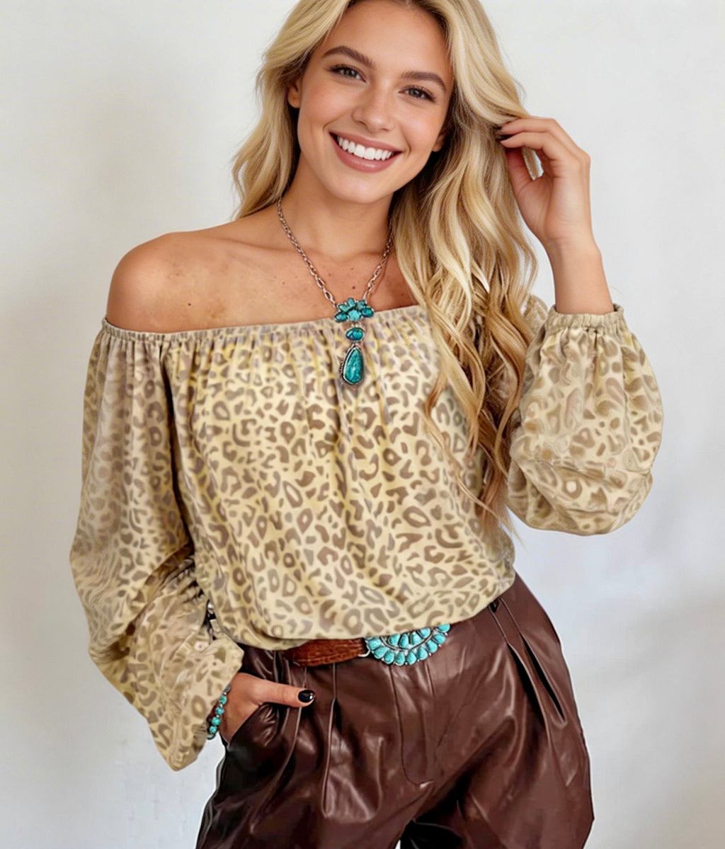 Women Leopard Velvet Burnout Off Shoulder Blouse