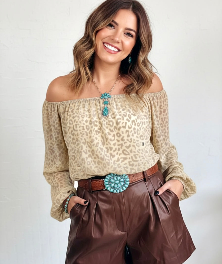 Women Leopard Velvet Burnout Off Shoulder Blouse