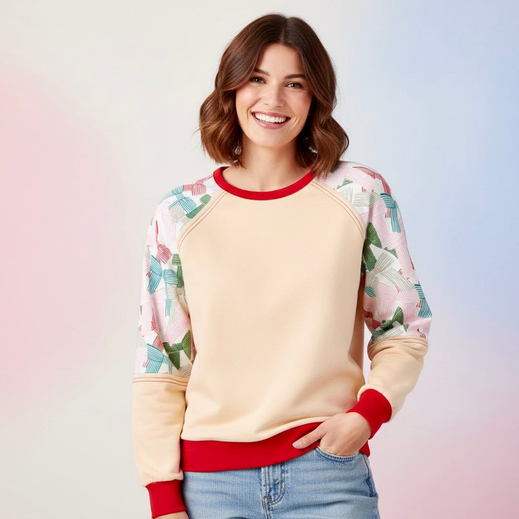 Women Printed Patchwork Raglan Sleeve Sweatshirts