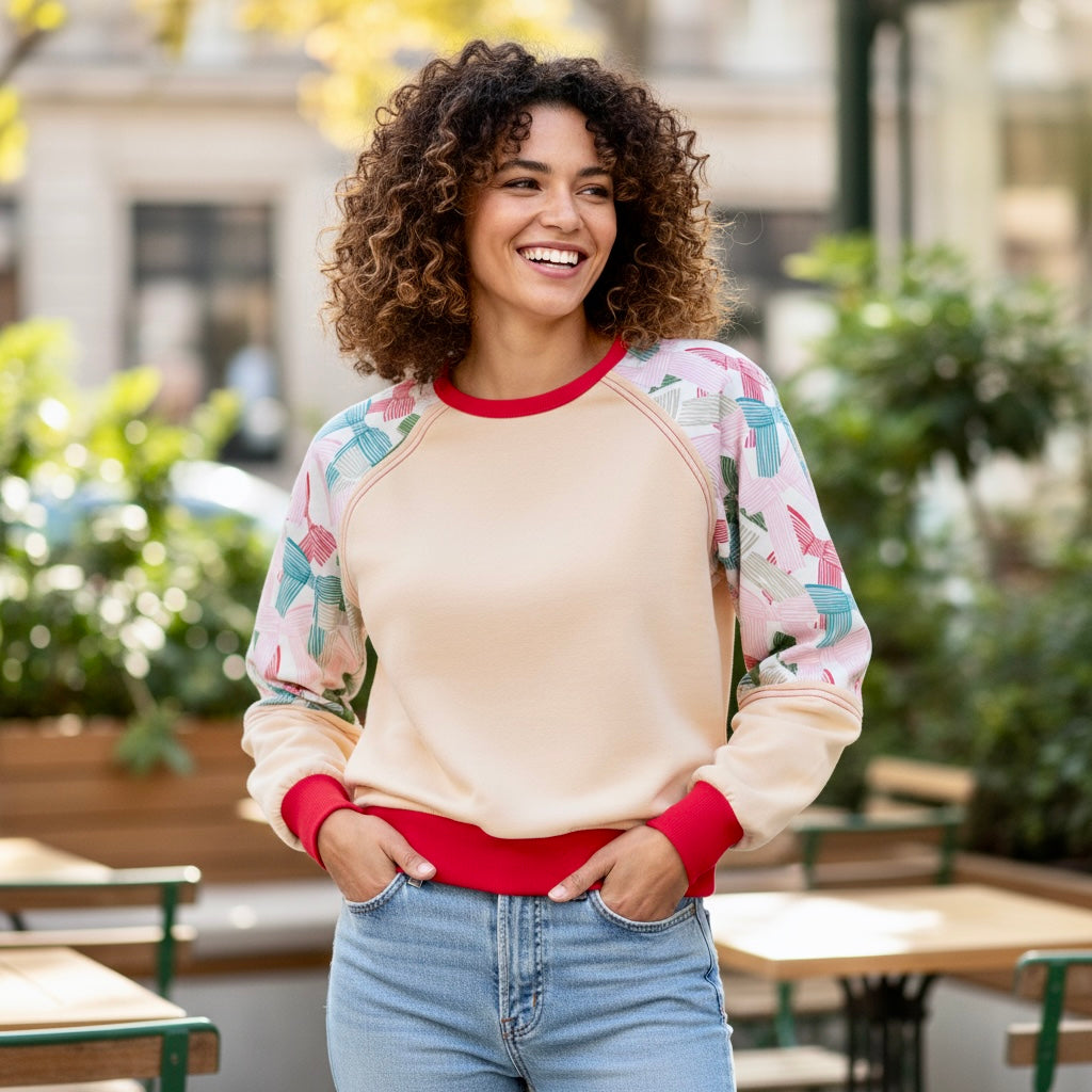 Women Printed Patchwork Raglan Sleeve Sweatshirts