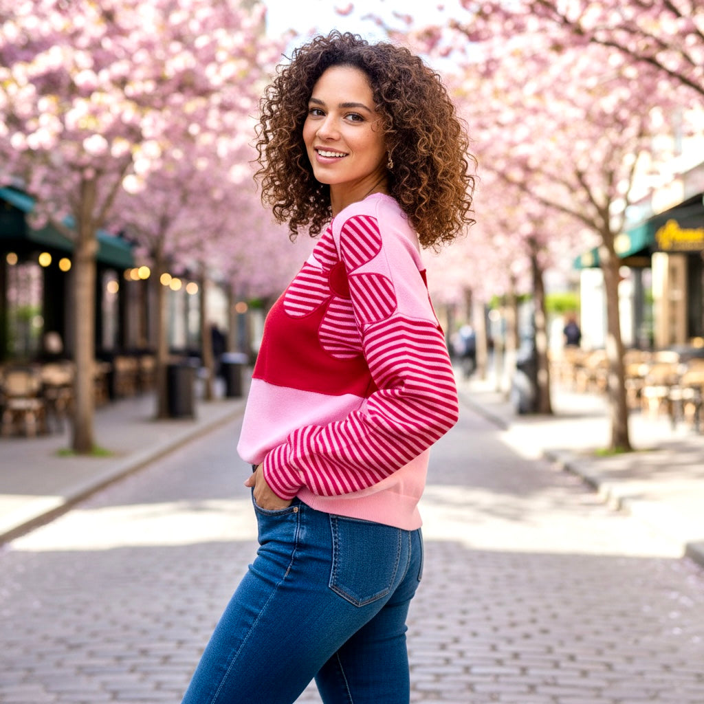 Floral Patch Striped Sleeve Textured Top