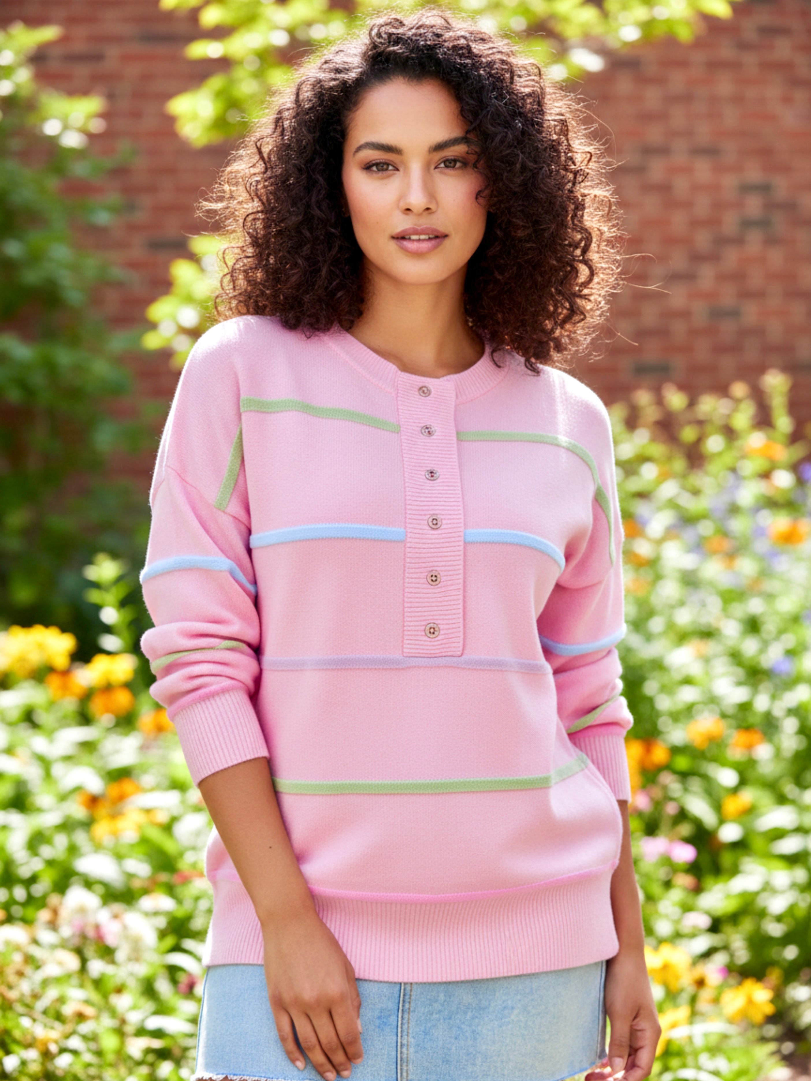 Women Stripes Drop Shoulder Baggy Henley Sweater