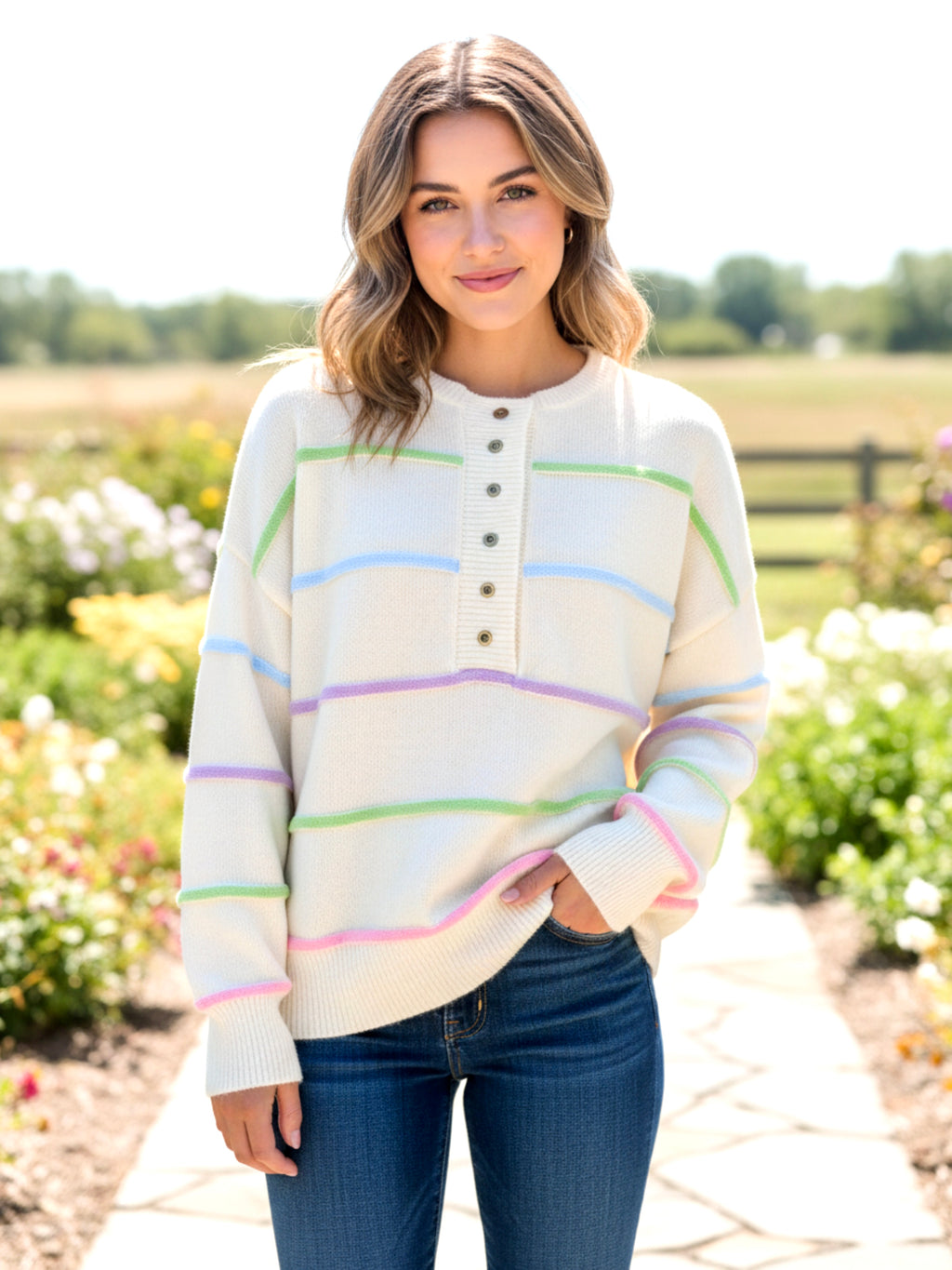 Women Stripes Drop Shoulder Baggy Henley Sweater