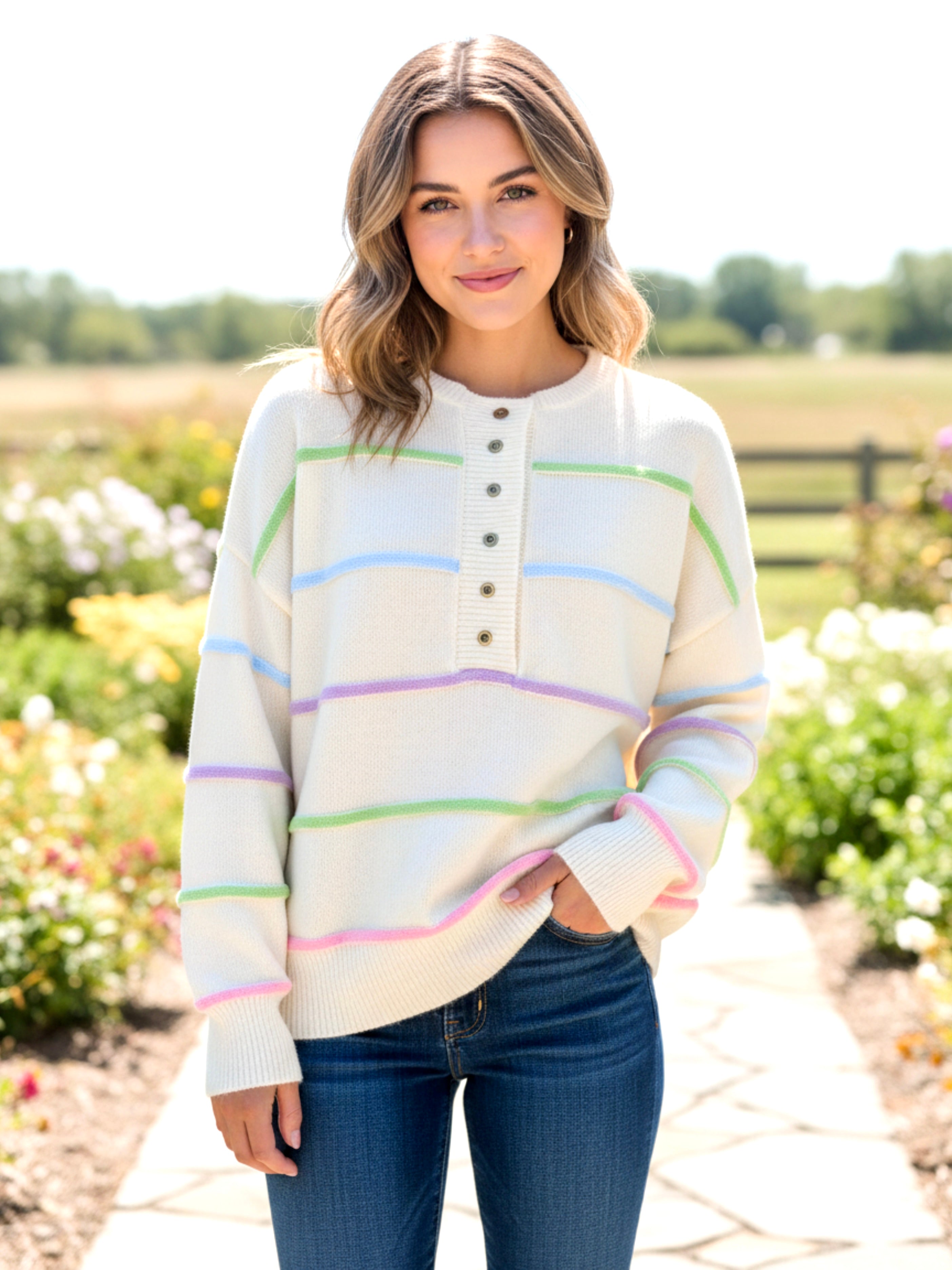 Women Stripes Drop Shoulder Baggy Henley Sweater