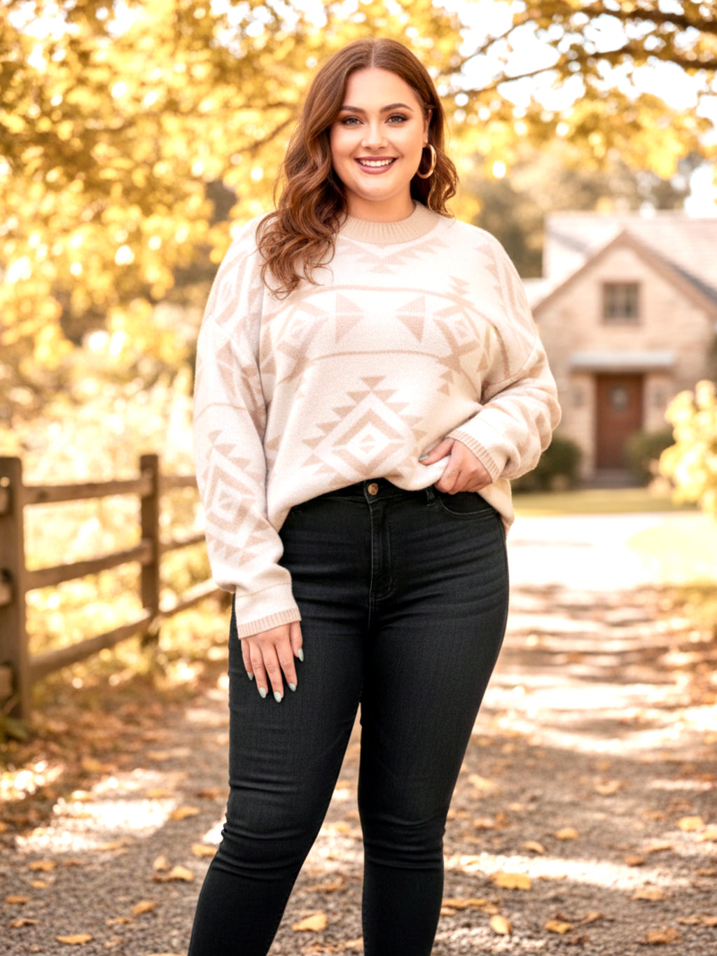 Plus Size Western Aztec Long Sleeve Sweater
