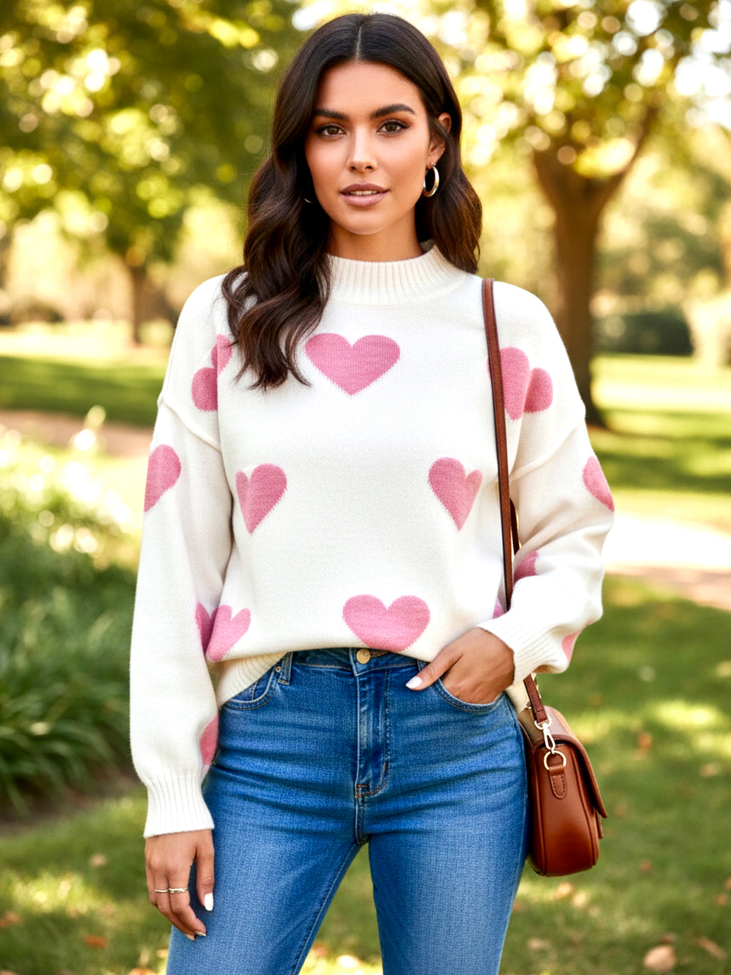 Heart Mock Neck Long Sleeve Sweater