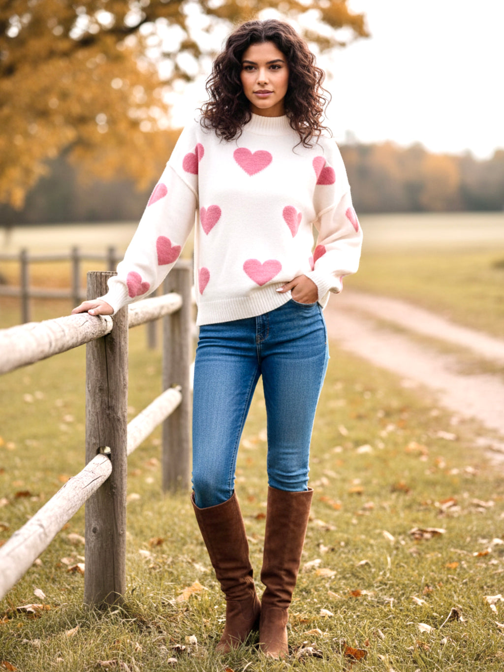 Heart Mock Neck Long Sleeve Sweater