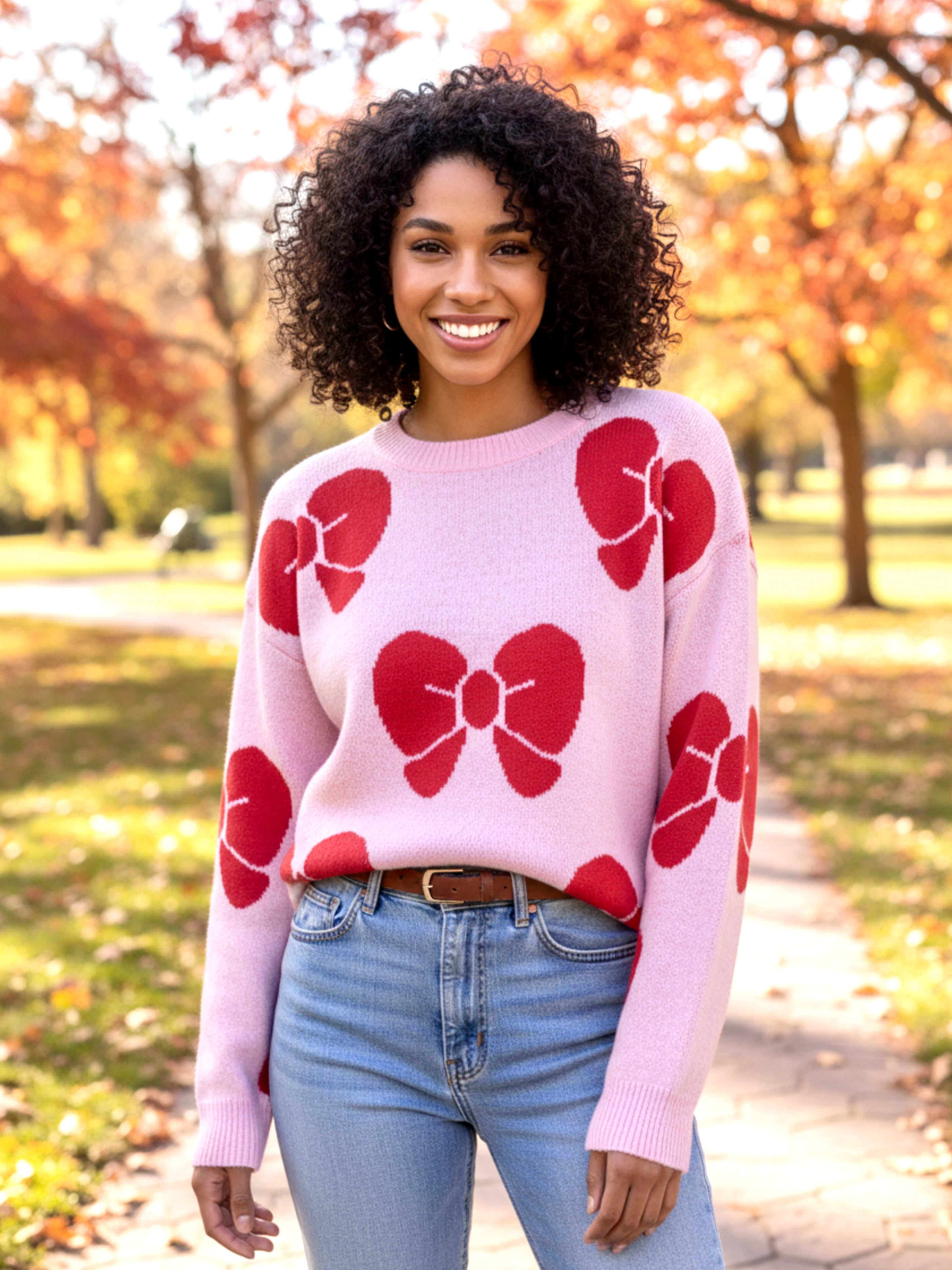 Angel Wings Bow Round Neck Dropped Shoulder Sweater