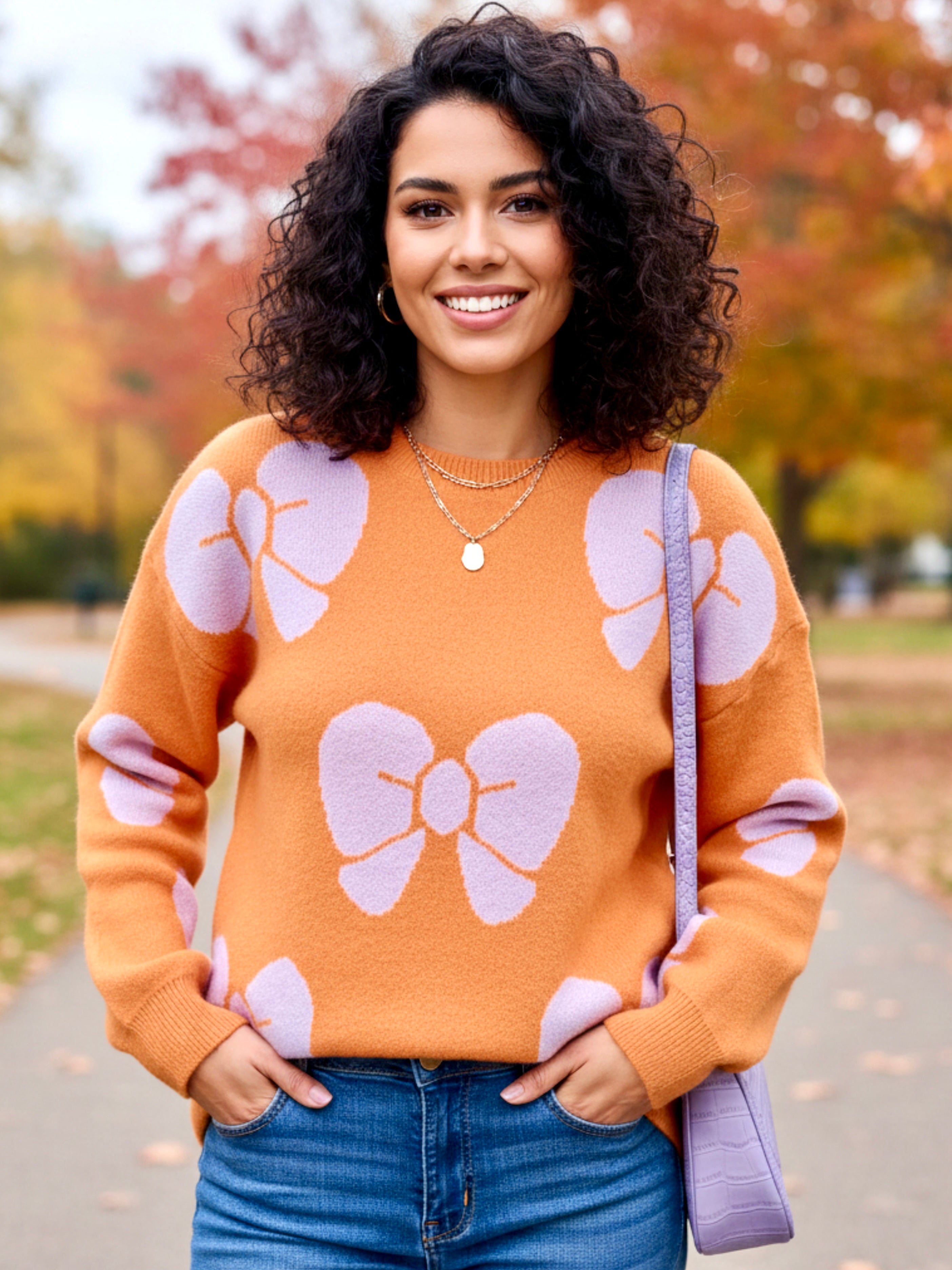 Angel Wings Bow Round Neck Dropped Shoulder Sweater