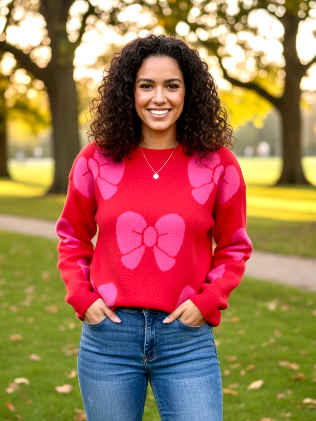 Angel Wings Bow Round Neck Dropped Shoulder Sweater