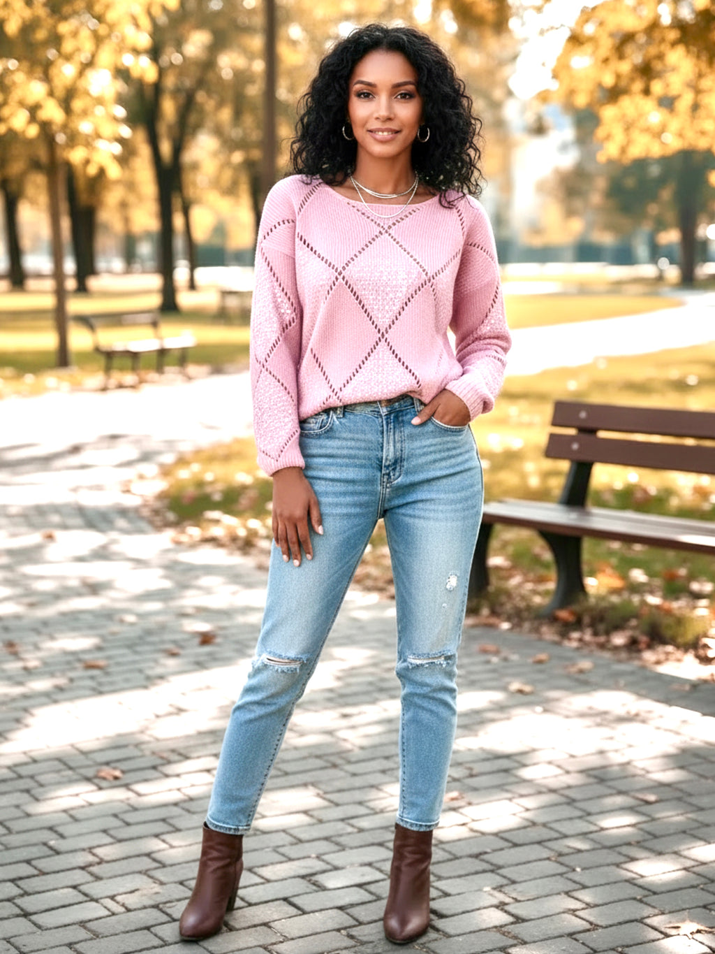 Openwork Round Neck Long Sleeve Knit Top