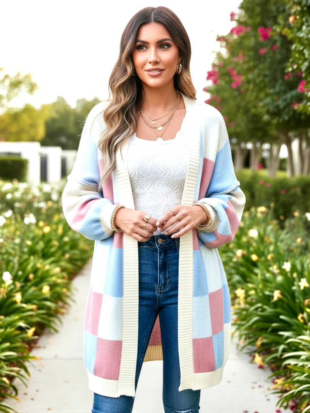 Color Block Open Front Long Sleeve Cardigan