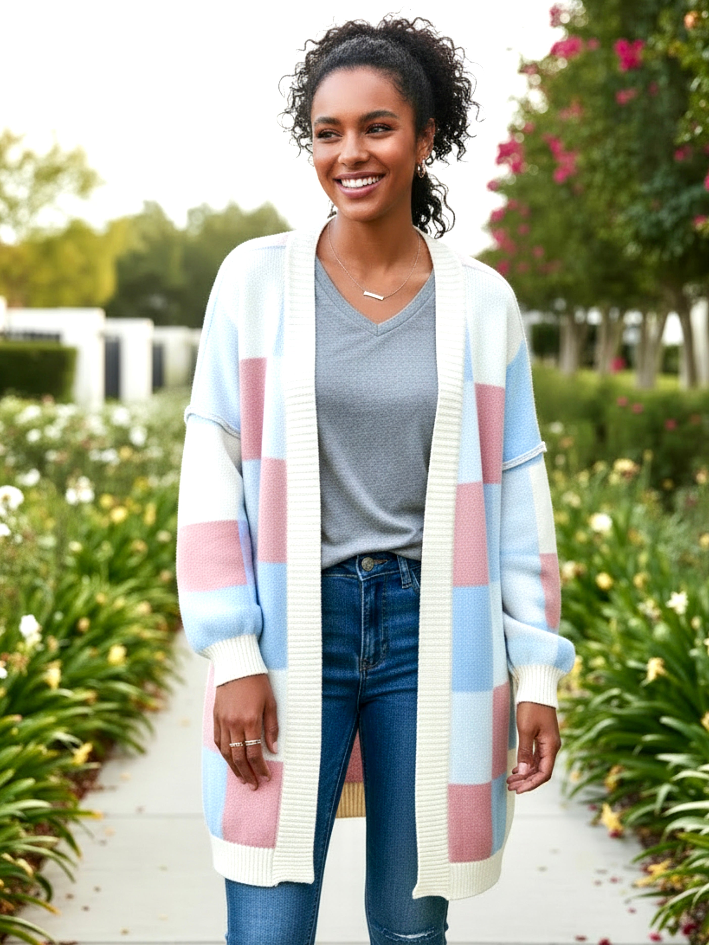 Color Block Open Front Long Sleeve Cardigan