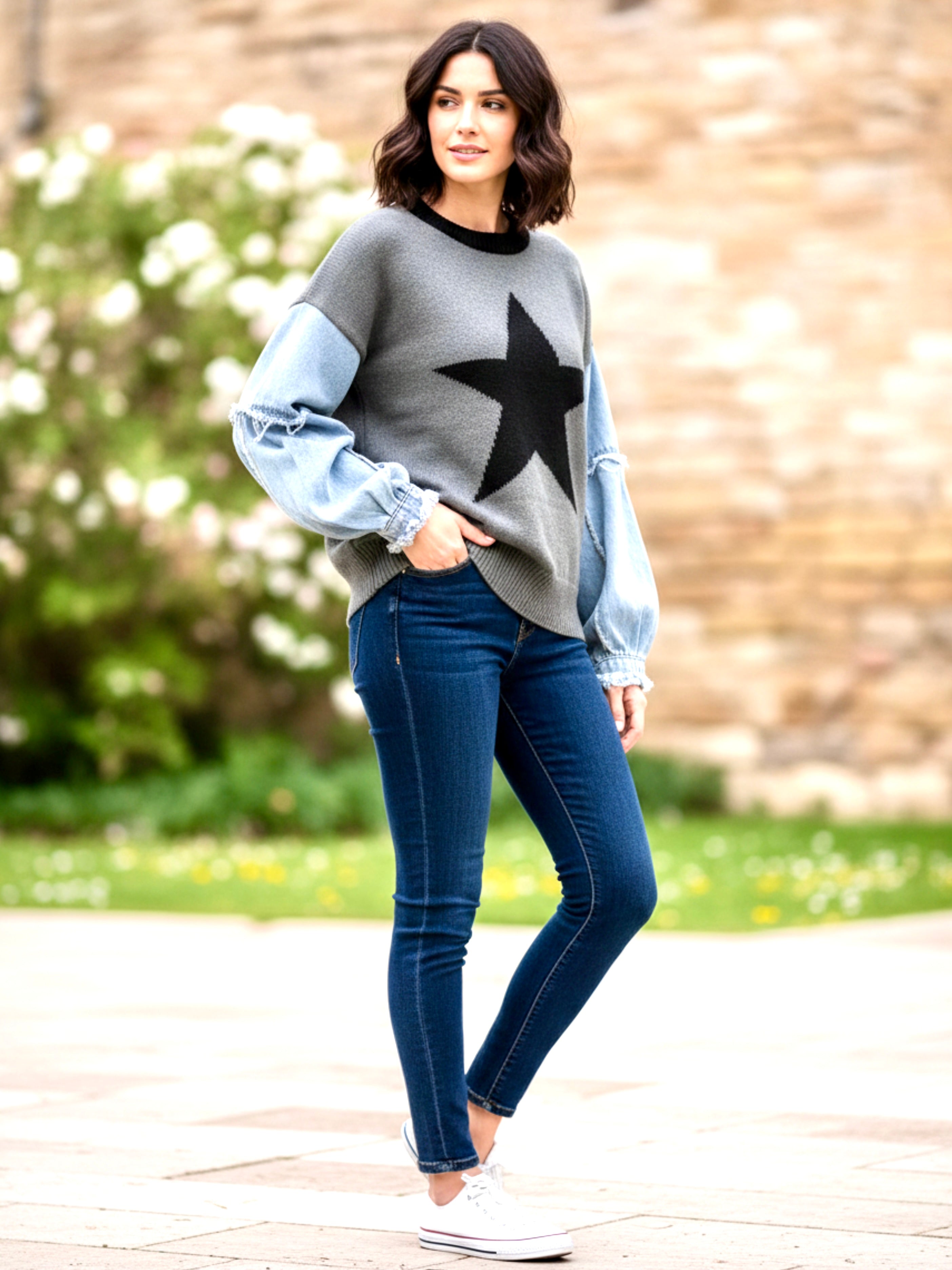 Double Take Full Size Star Pattern Raw Edge Long Sleeve Sweater