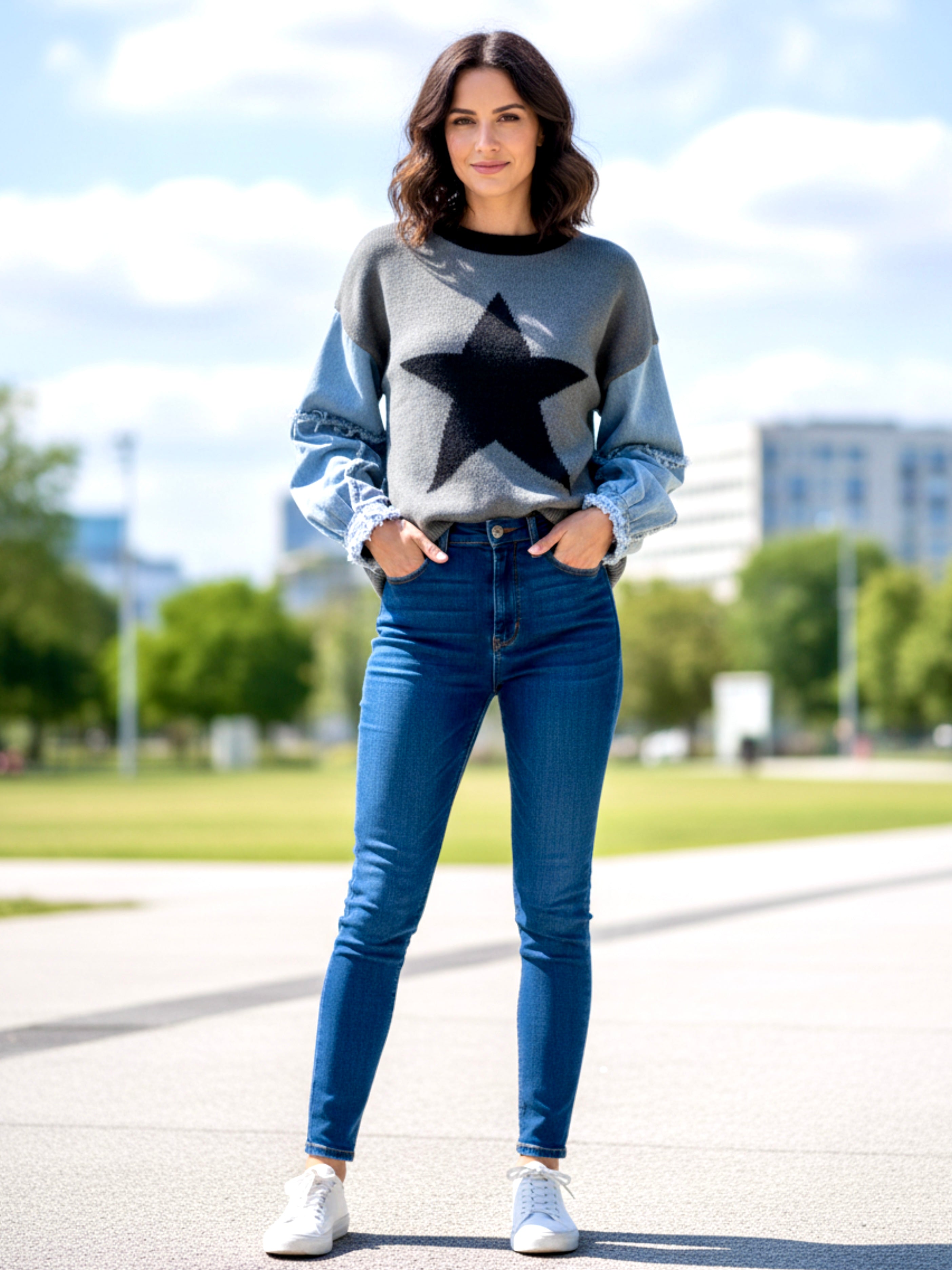 Double Take Full Size Star Pattern Raw Edge Long Sleeve Sweater