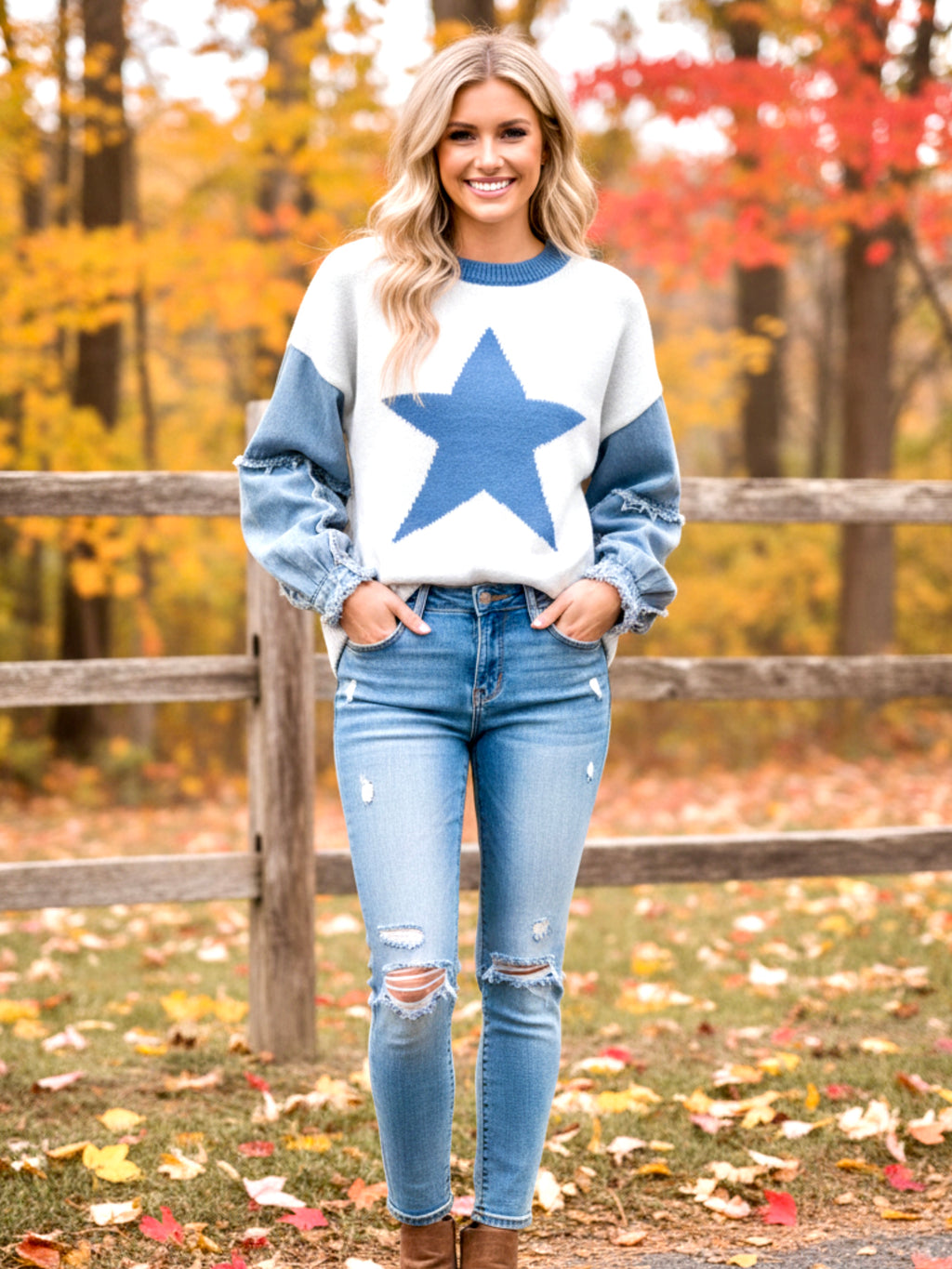 Double Take Full Size Star Pattern Raw Edge Long Sleeve Sweater
