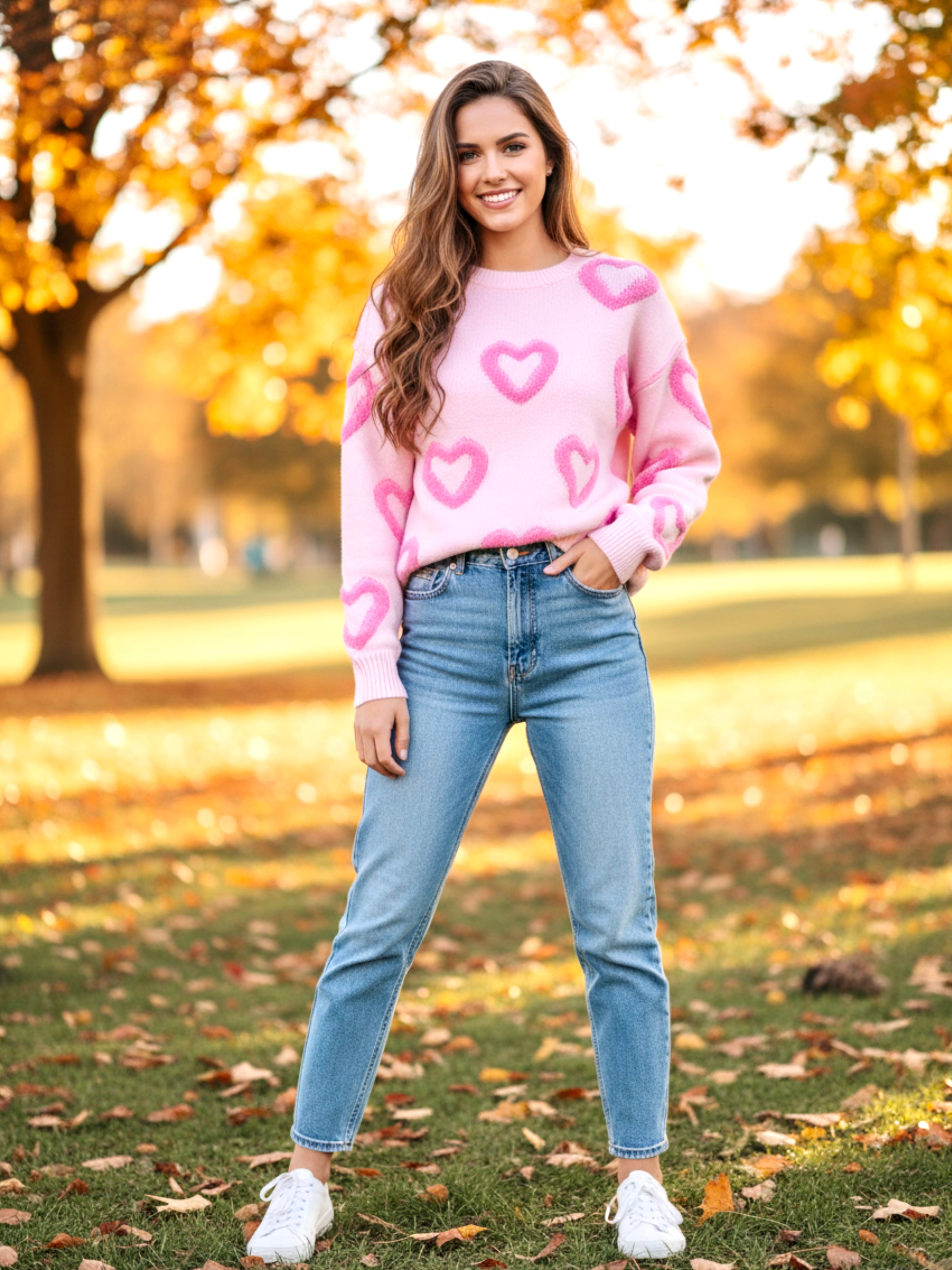 High-Low Heart Round Neck Long Sleeve Sweater