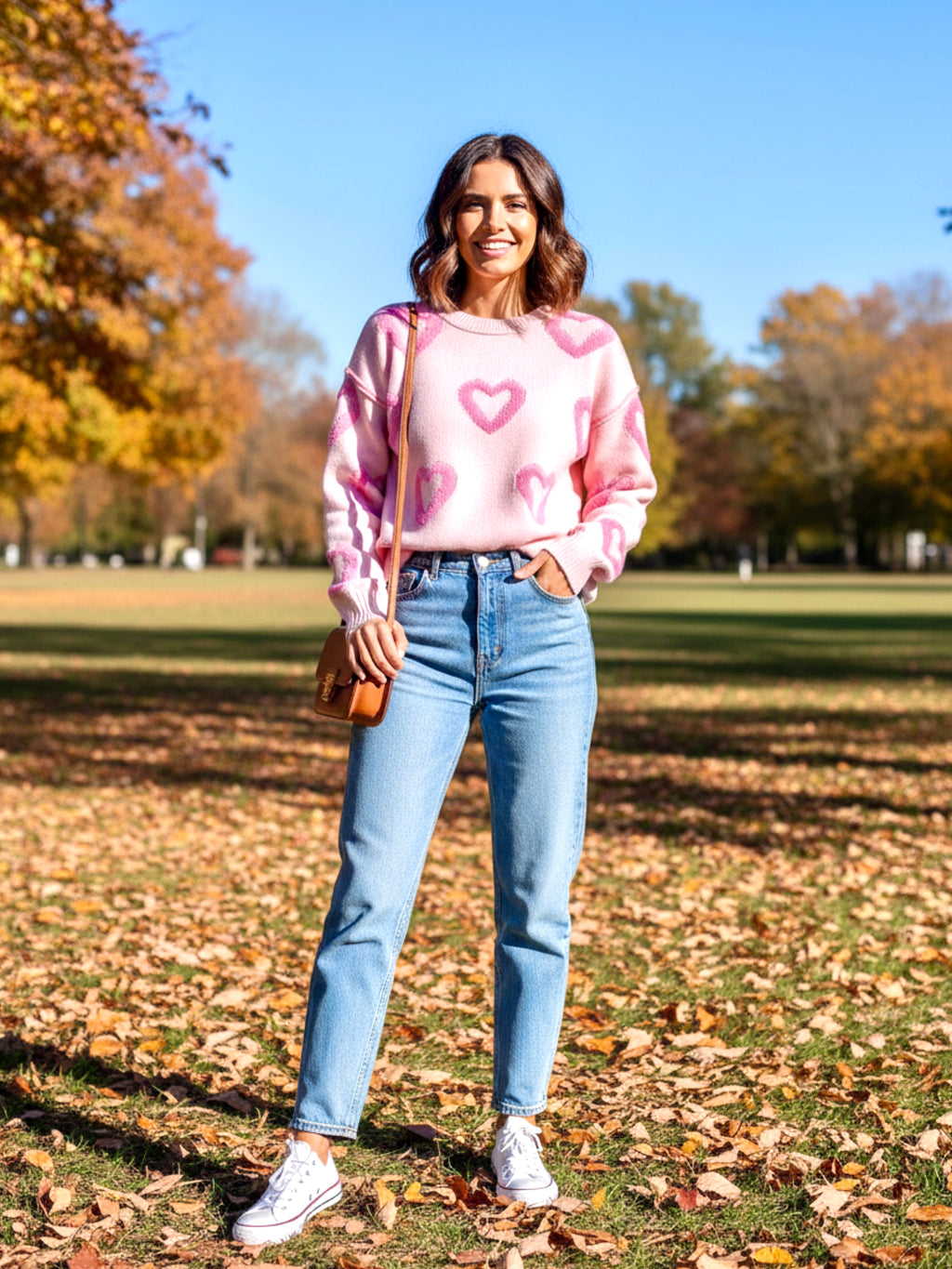 High-Low Heart Round Neck Long Sleeve Sweater
