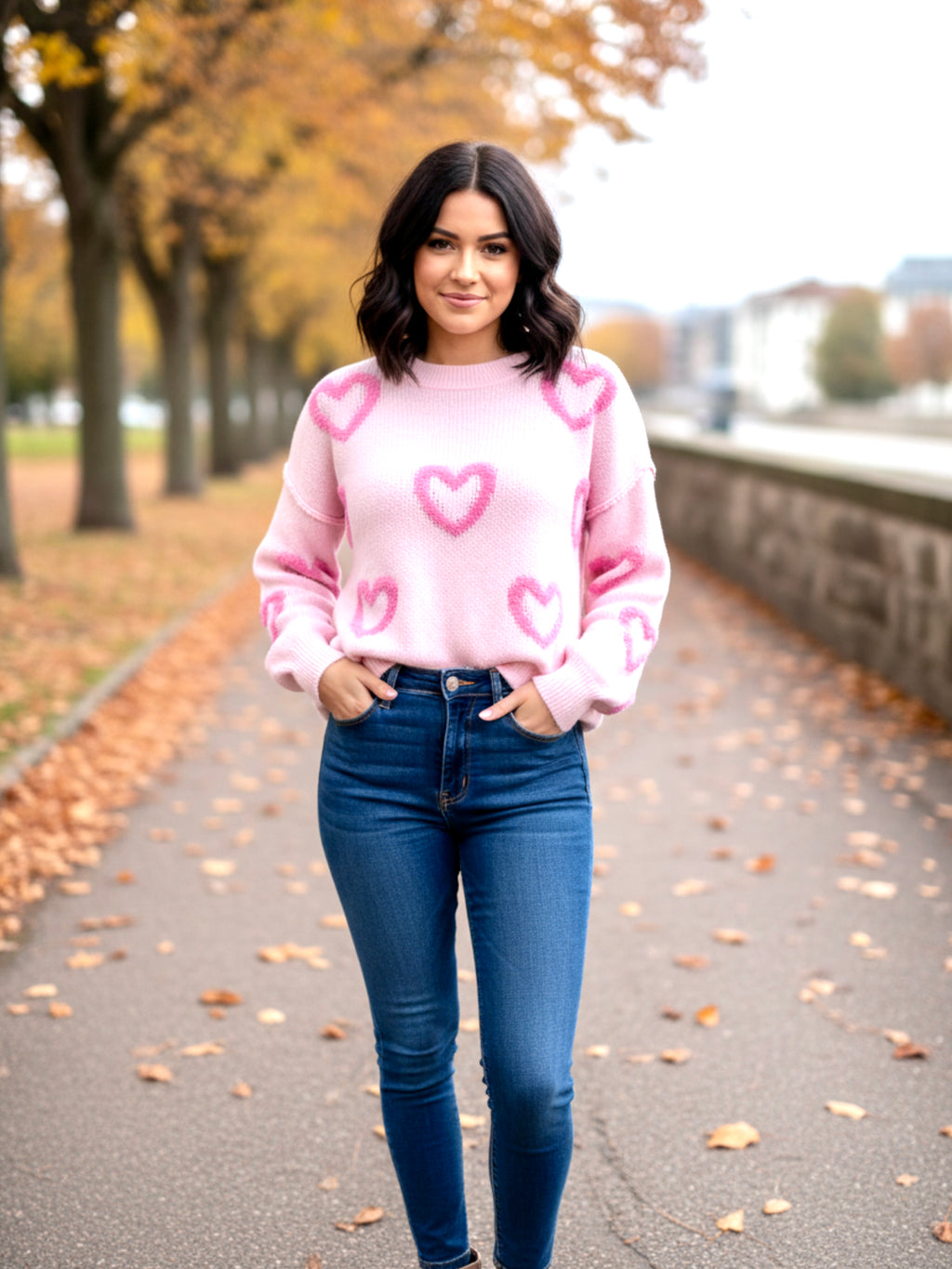 High-Low Heart Round Neck Long Sleeve Sweater