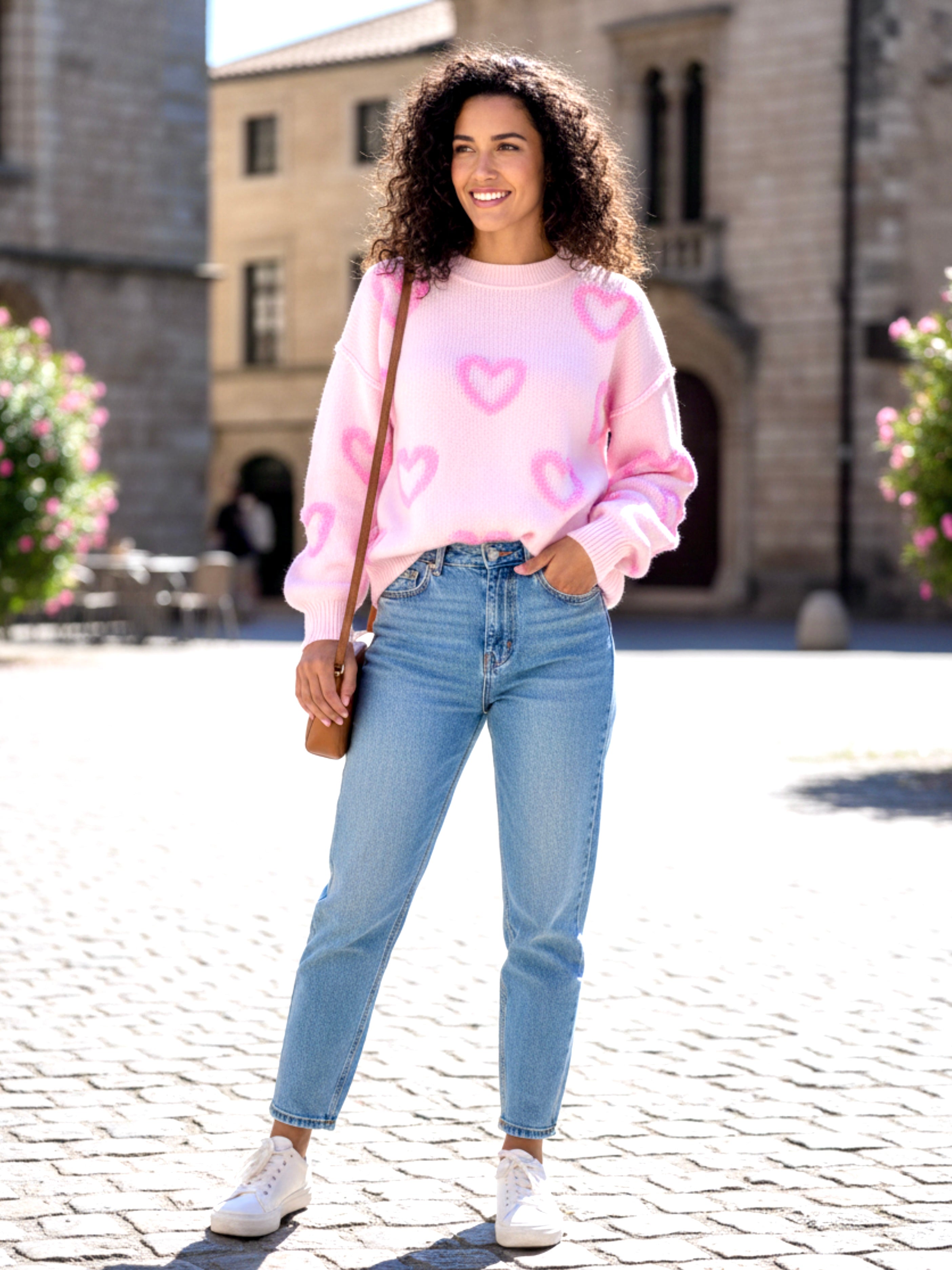 High-Low Heart Round Neck Long Sleeve Sweater