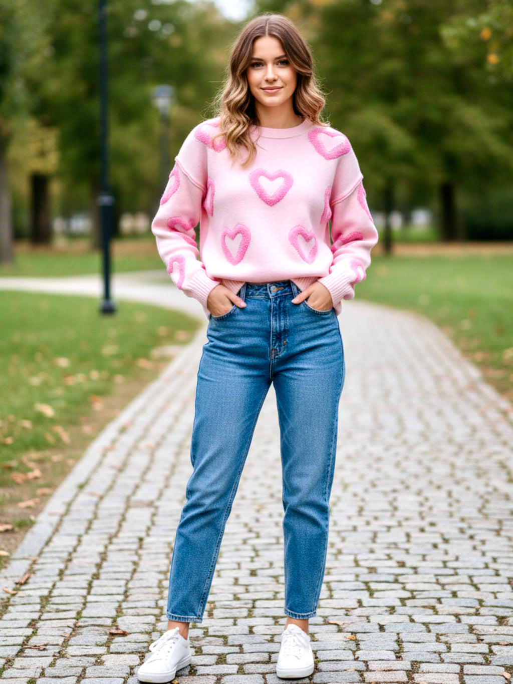 High-Low Heart Round Neck Long Sleeve Sweater