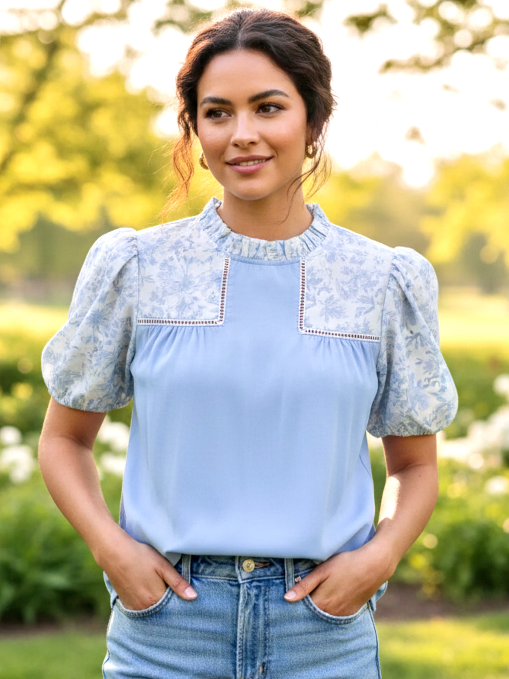 Floral Lace Patchwork Puff Sleeve Blouse