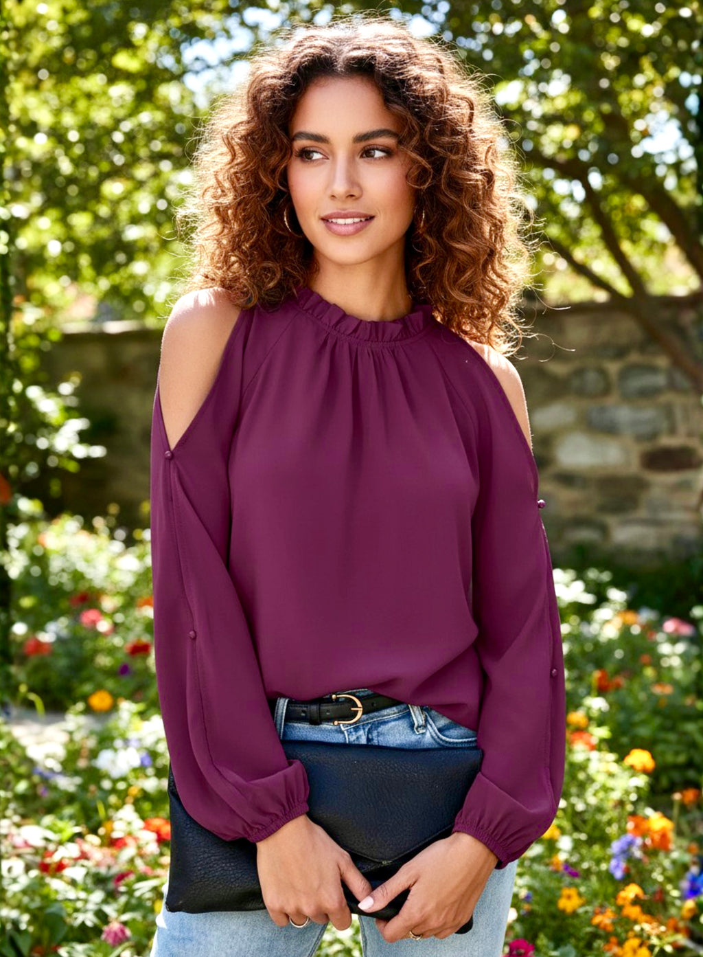 Cold Shoulder Frill Neck Blouse