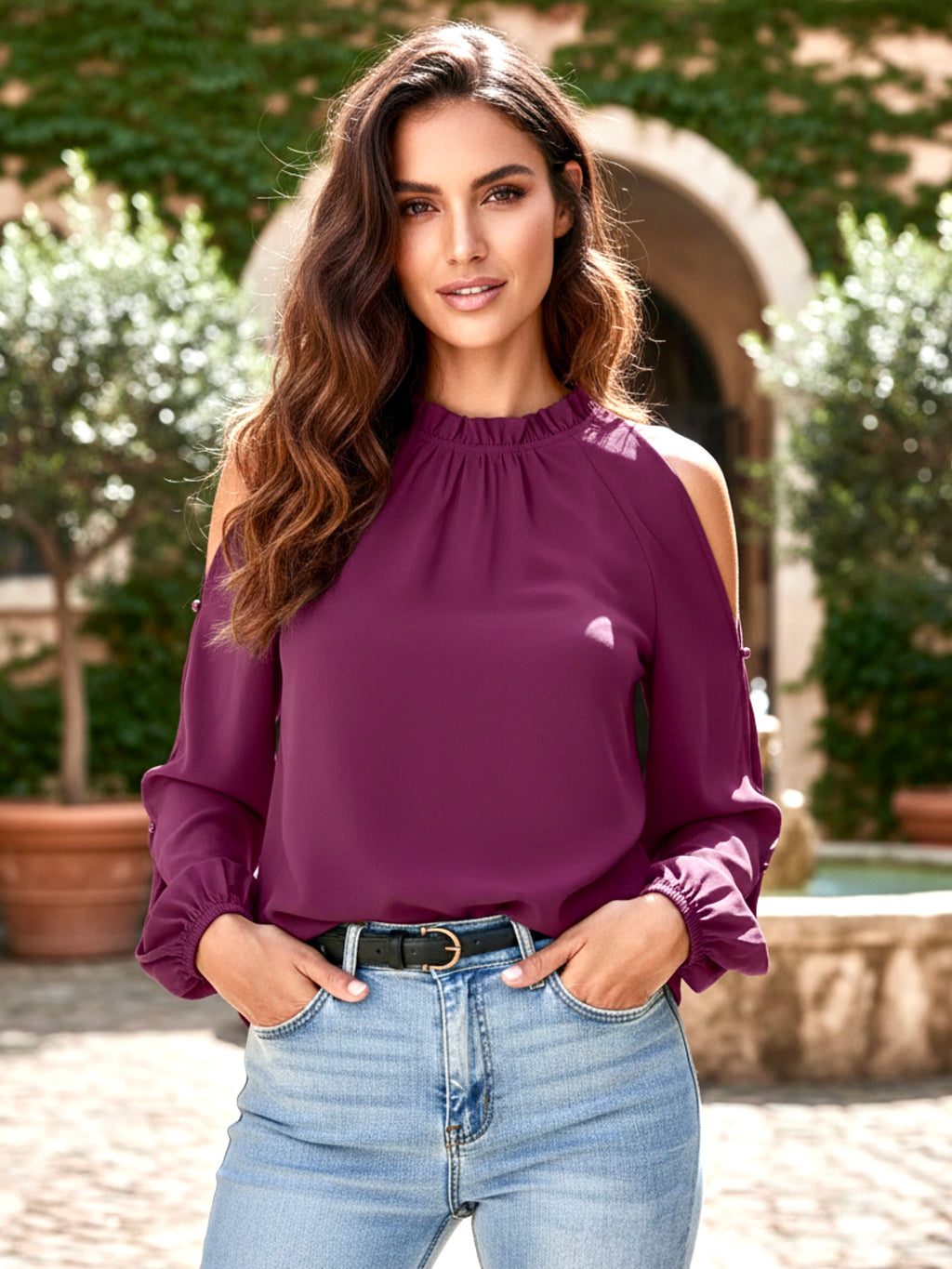 Cold Shoulder Frill Neck Blouse