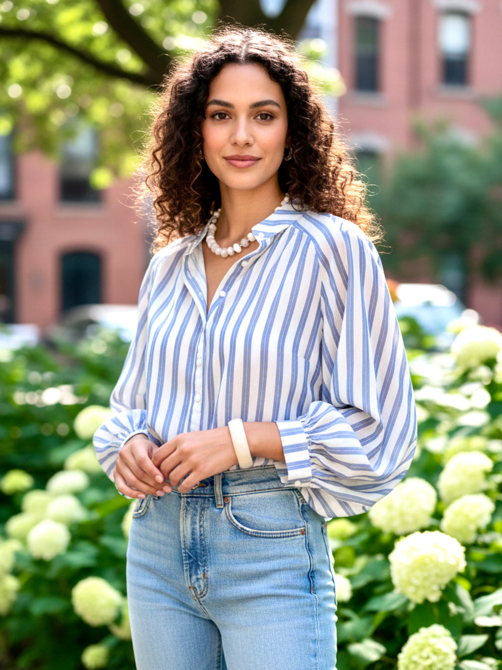 Striped Balloon Sleeve Button-Down Shirt