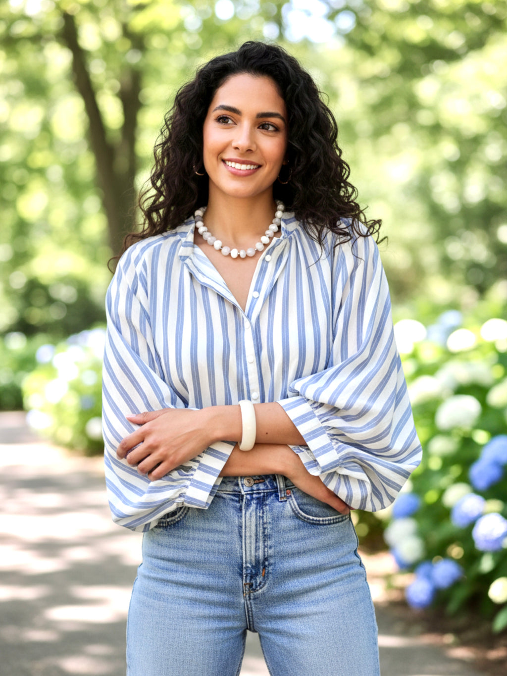 Striped Balloon Sleeve Button-Down Shirt