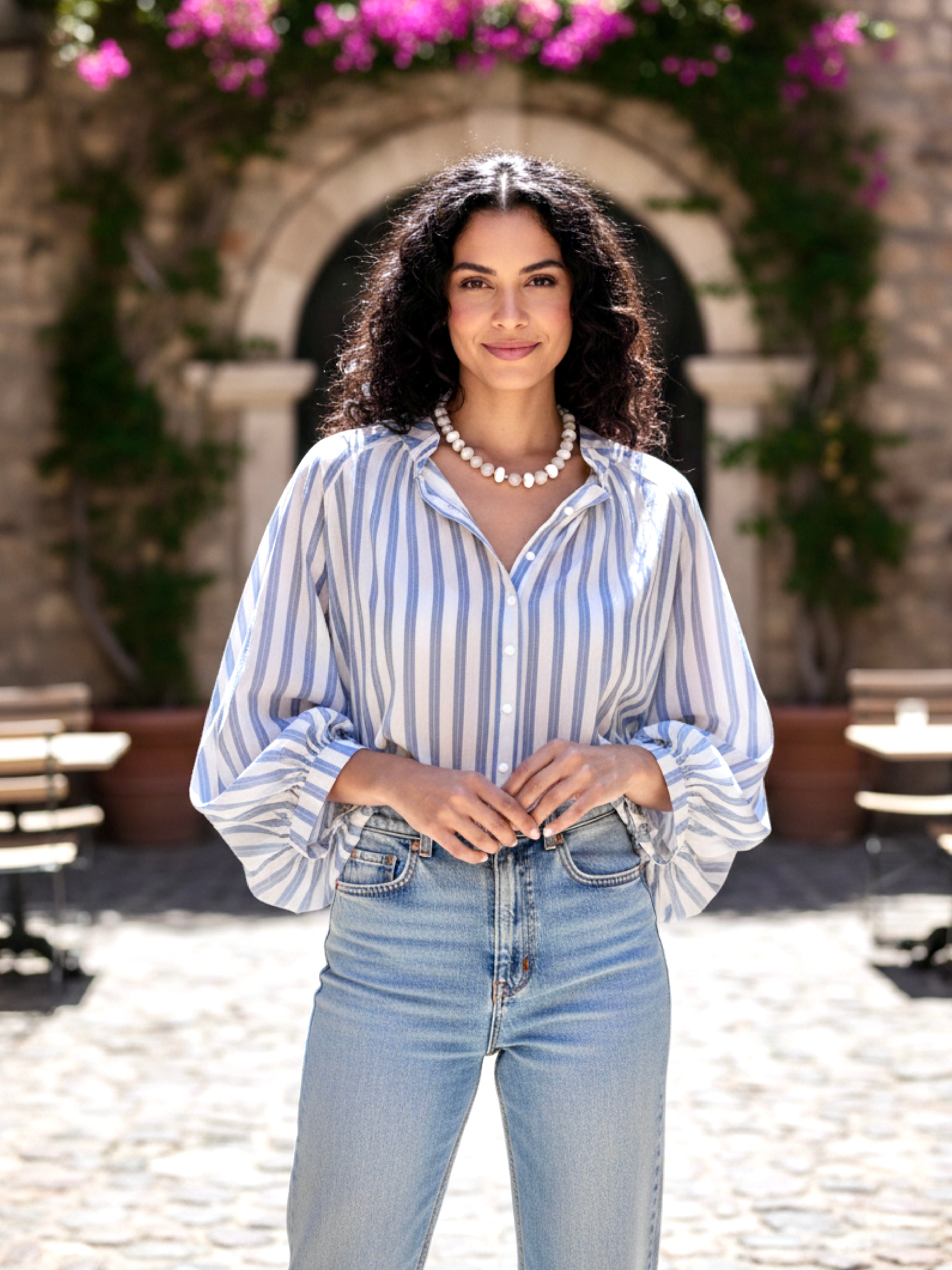 Striped Balloon Sleeve Button-Down Shirt