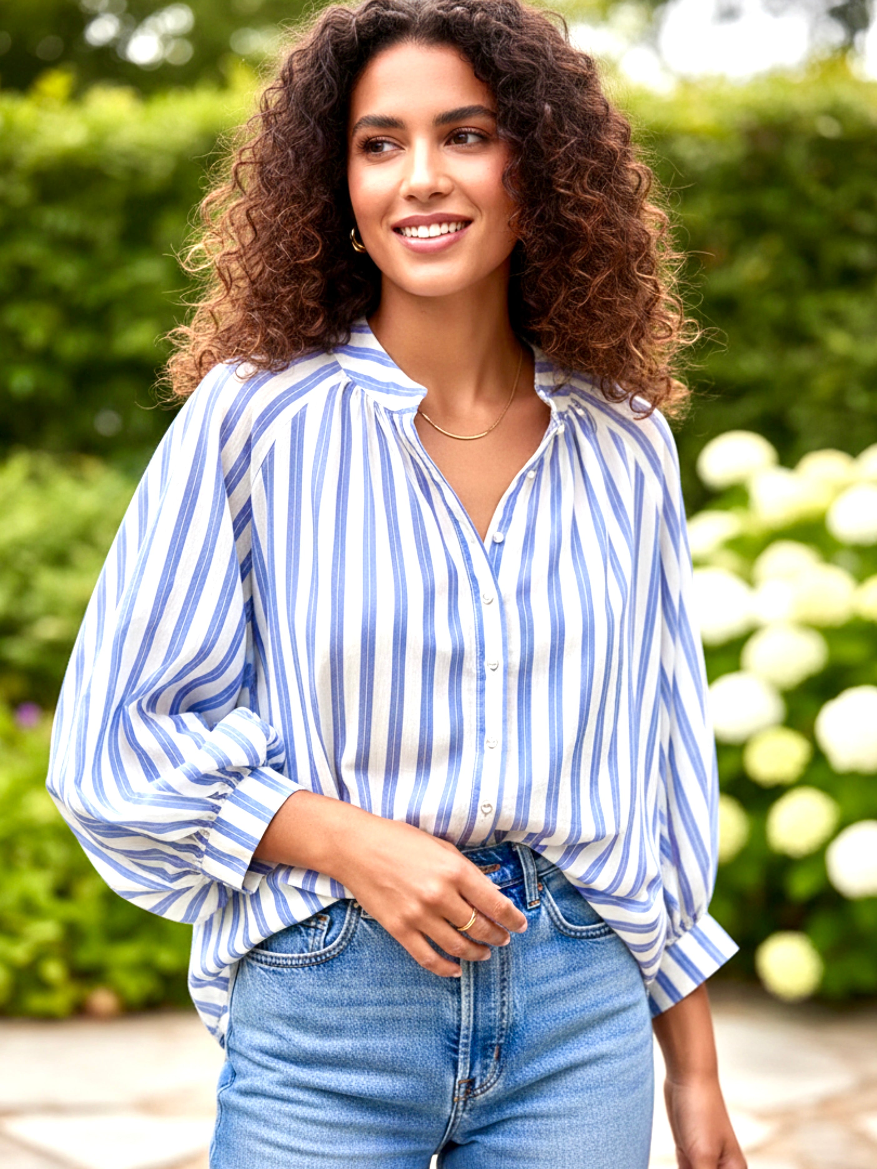 Striped Balloon Sleeve Button-Down Shirt