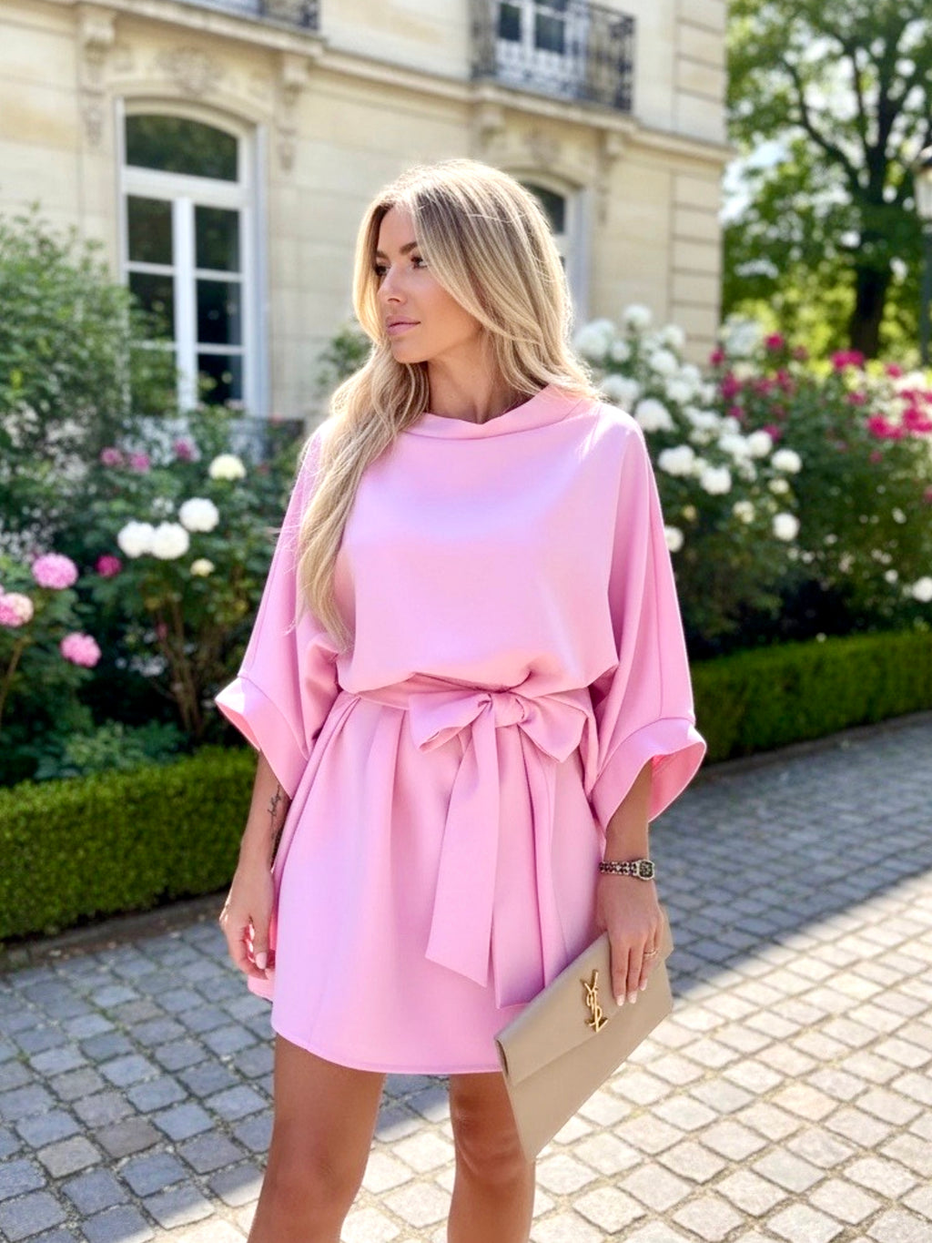 Batwing Sleeve Tie Waist Mini Dress