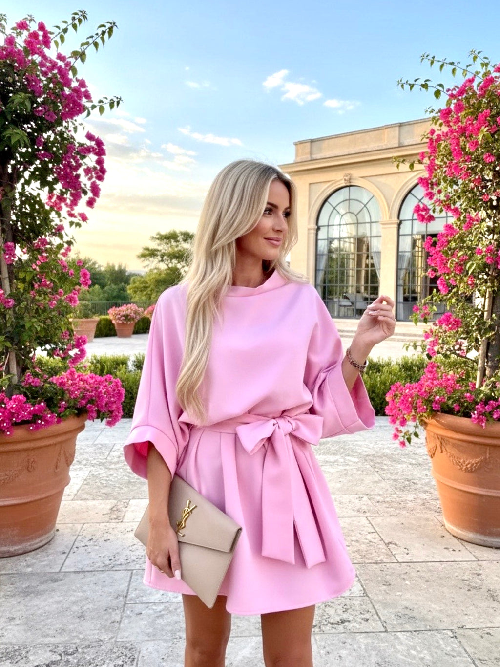 Batwing Sleeve Tie Waist Mini Dress