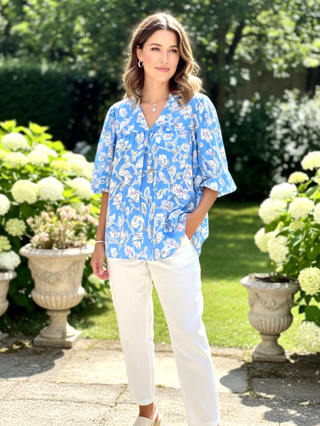 Notched Floral Print 3/4 Puff Sleeve Blouse