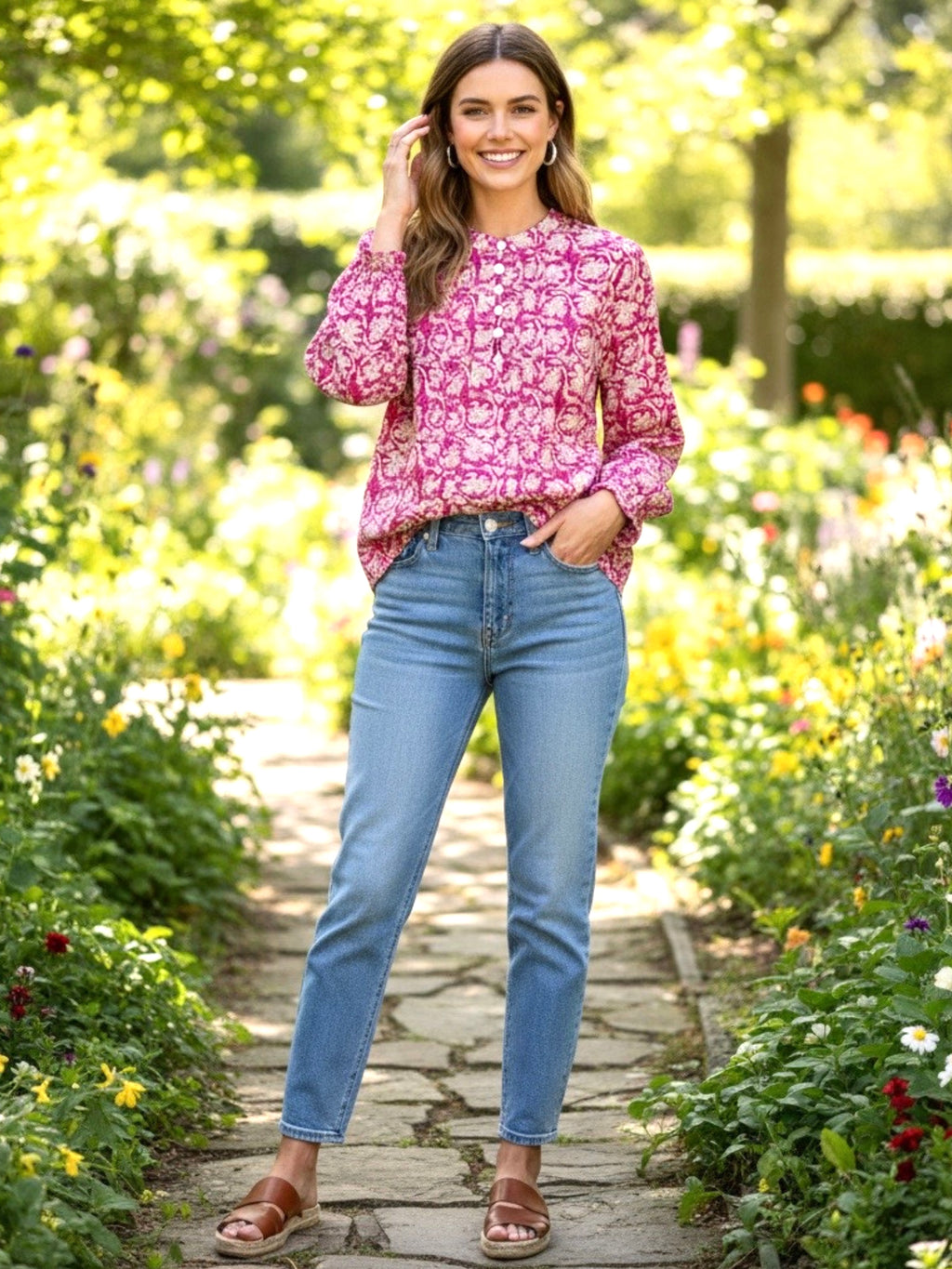 Floral Print Split Neck Pleated Long Sleeve Blouse