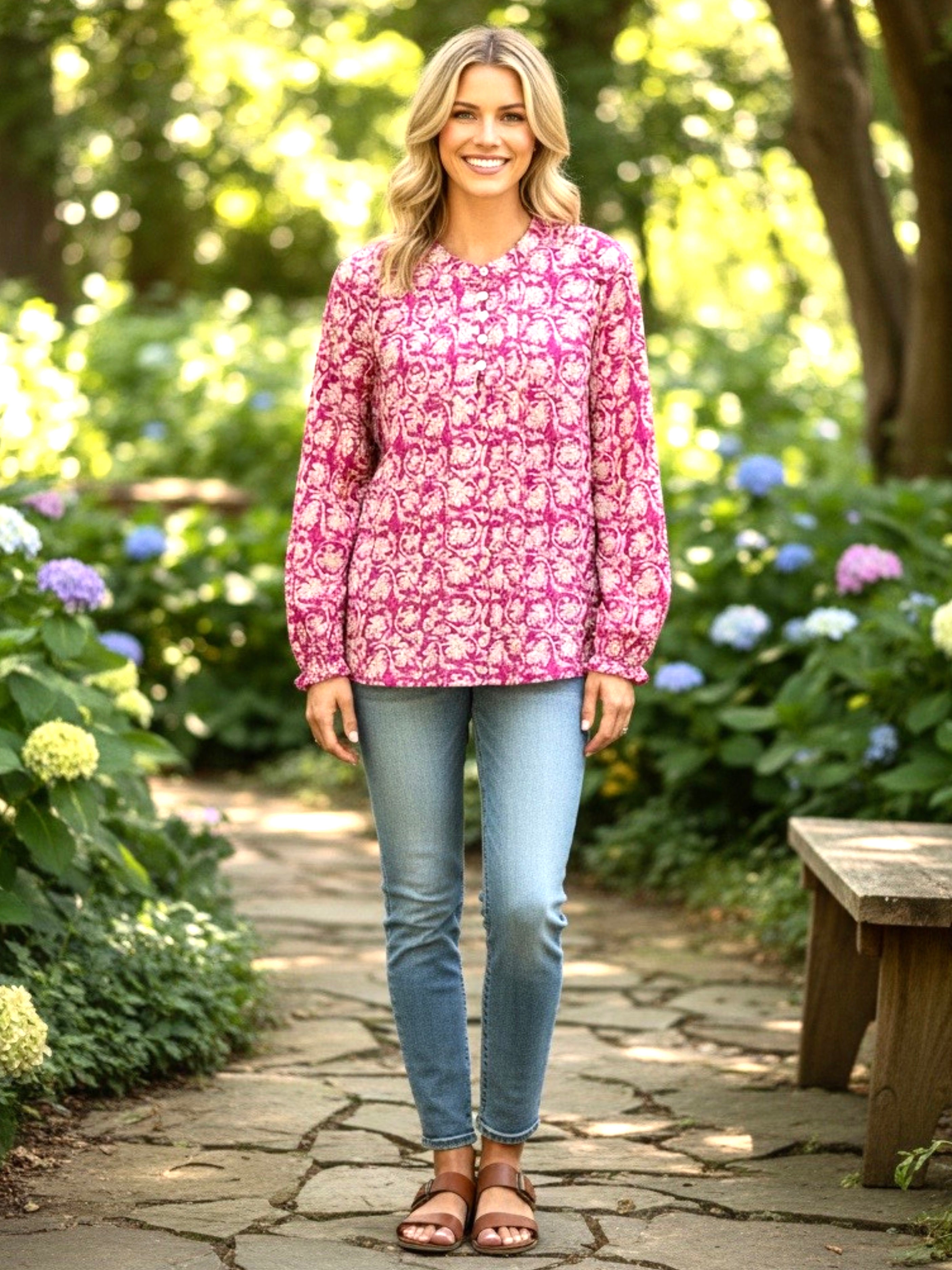 Floral Print Split Neck Pleated Long Sleeve Blouse