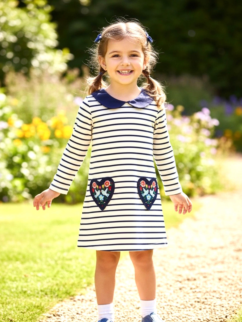 Children's Embroidered Striped Long Sleeve Dress