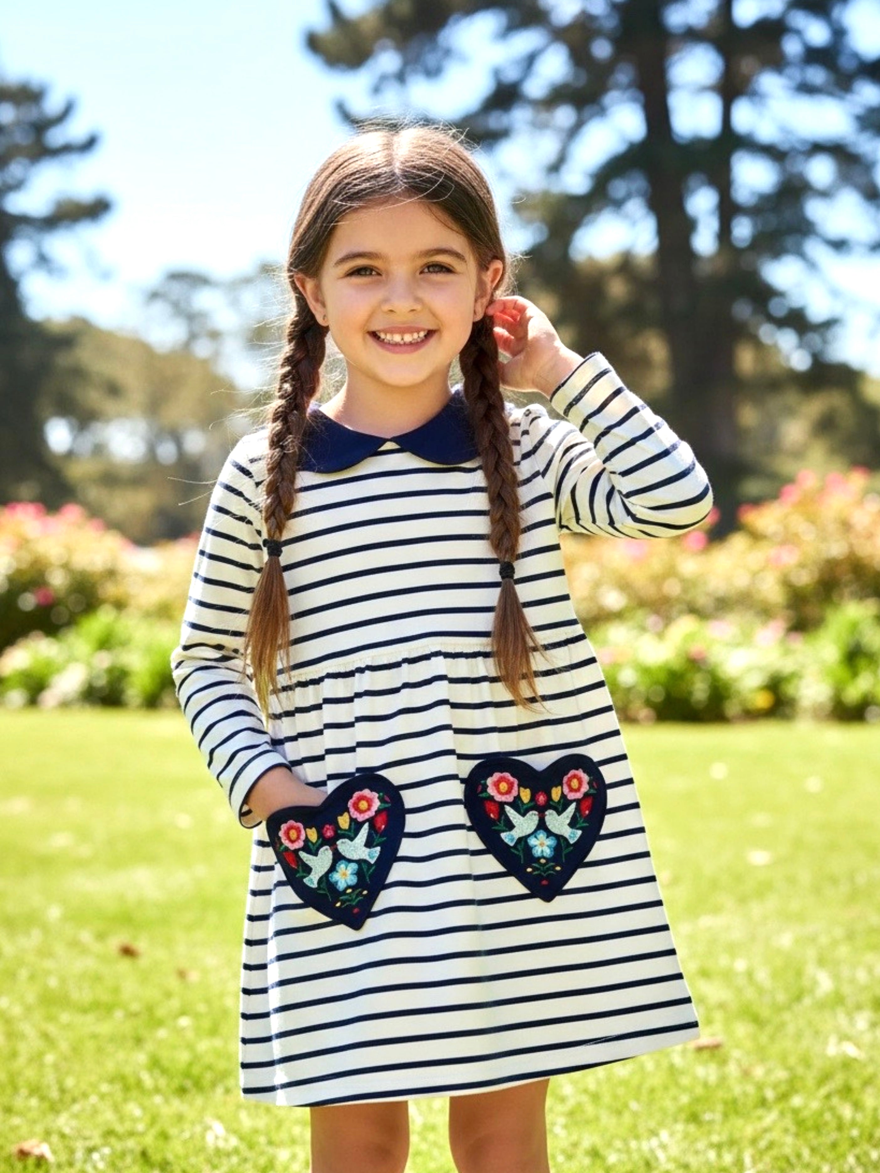 Children's Embroidered Striped Long Sleeve Dress
