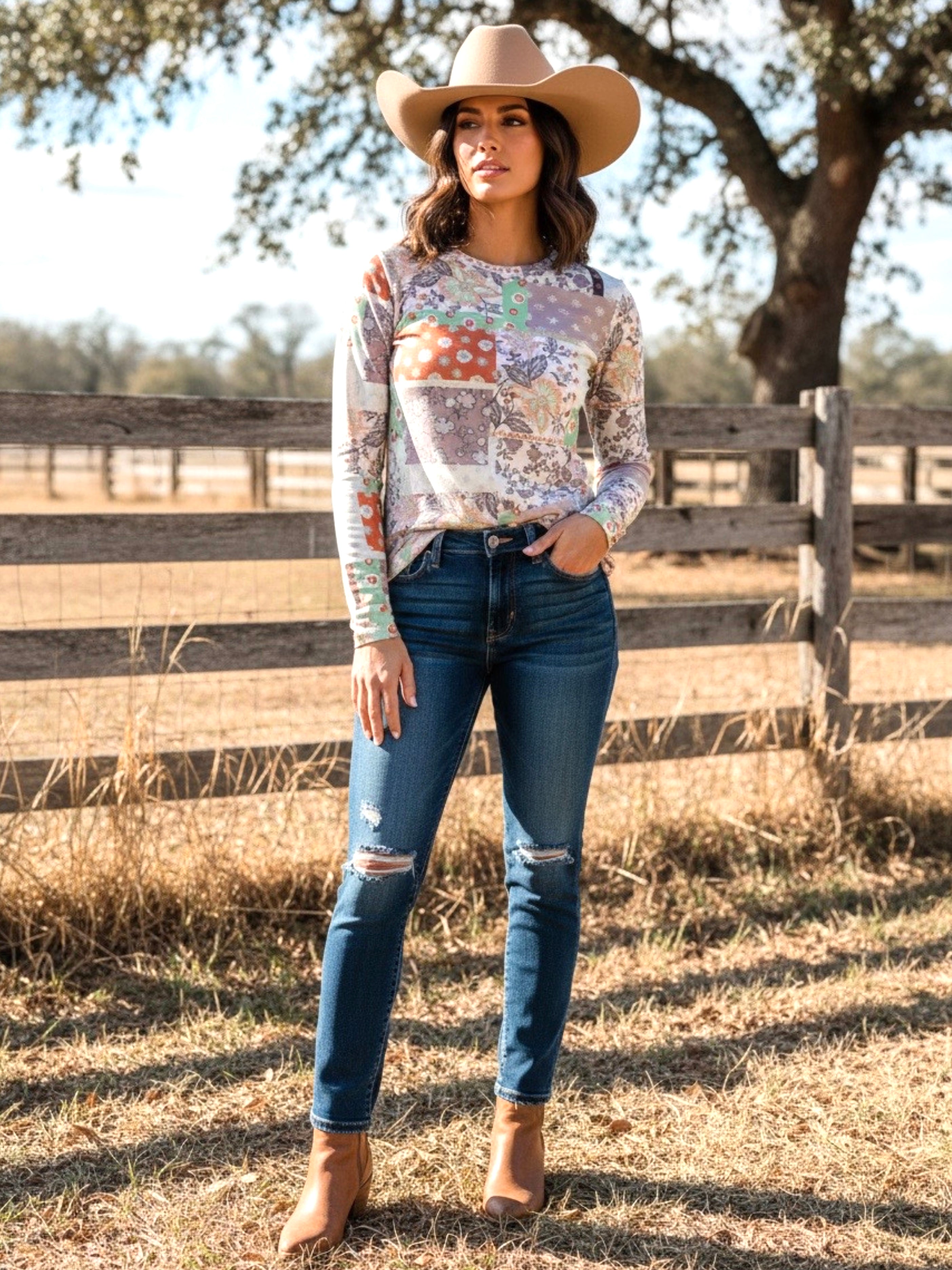 Floral Patchwork Mesh Mock Neck Long Sleeve Top