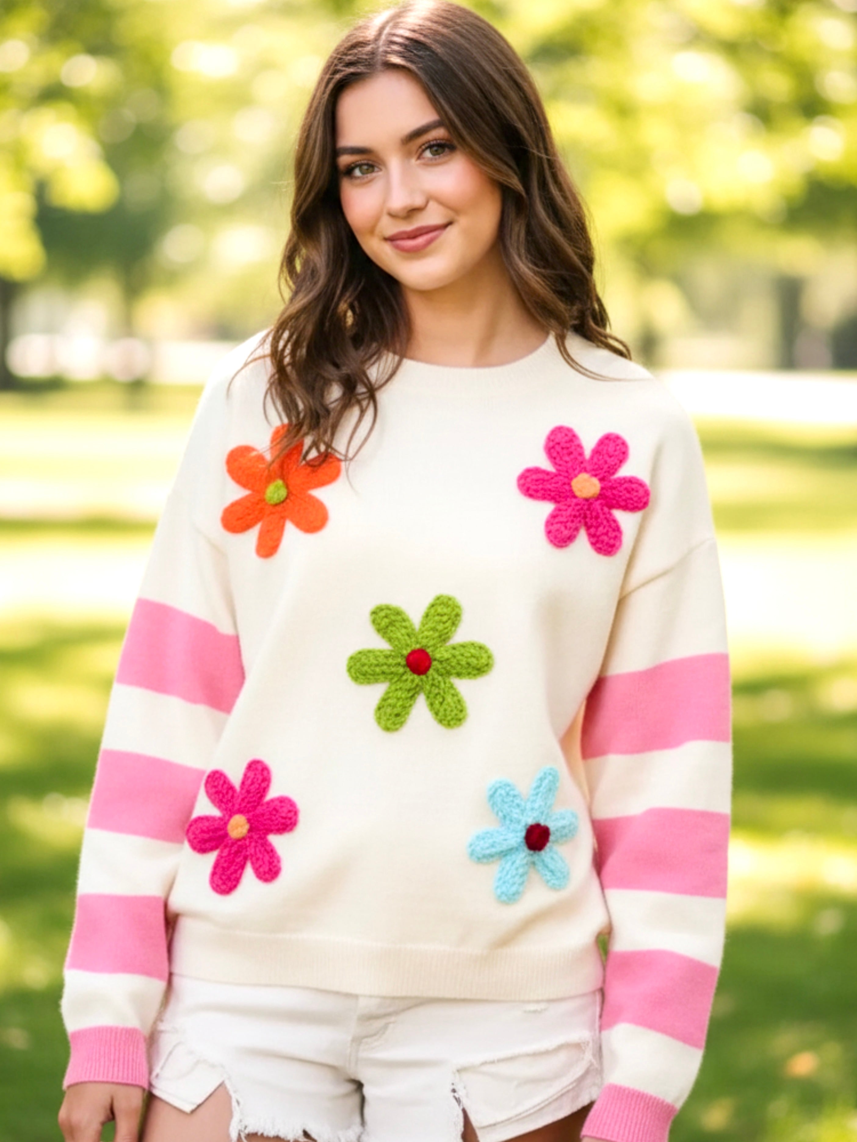 BiBi Colorful Floral Patched Sweater with Striped Sleeve