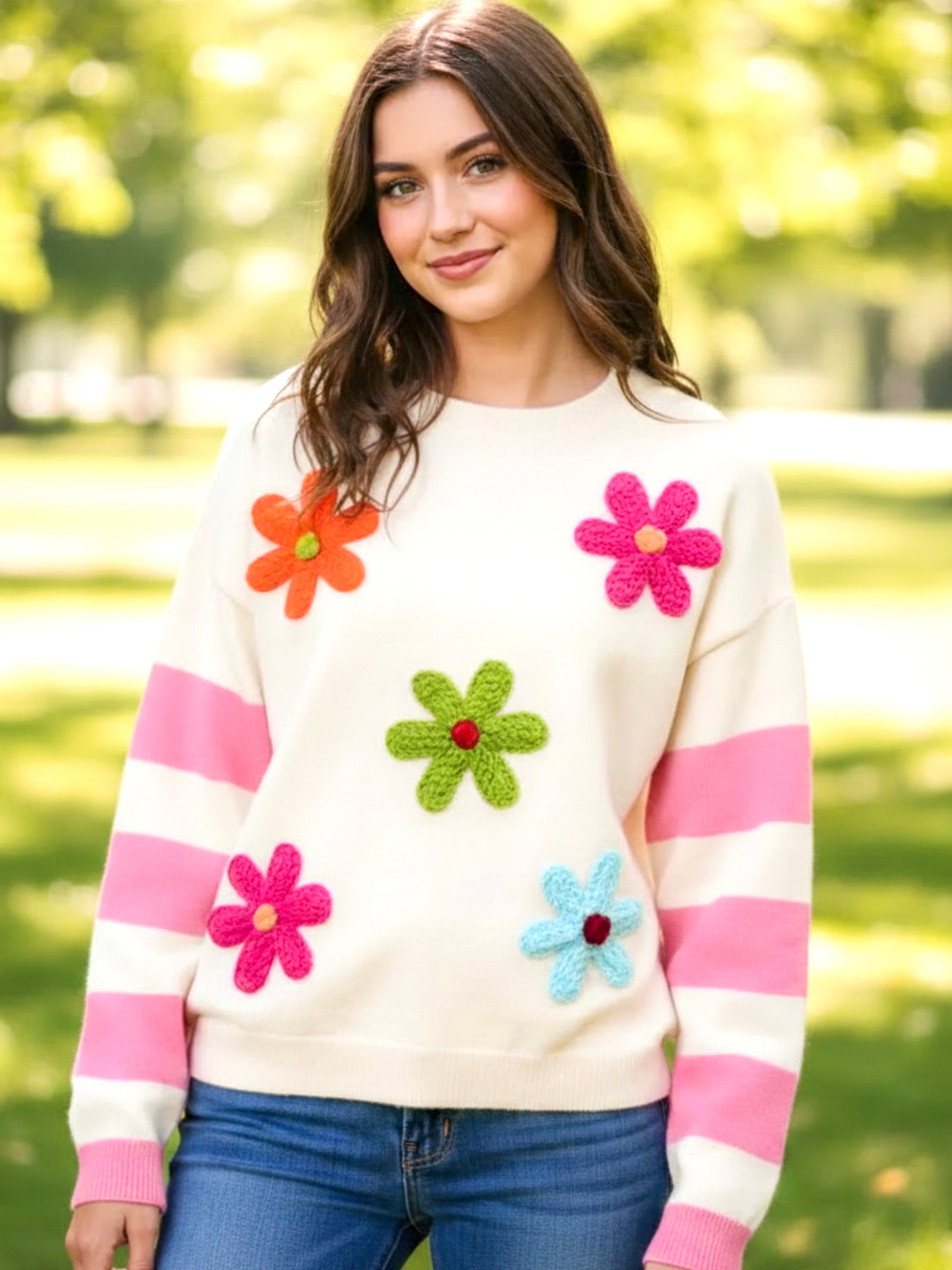 BiBi Colorful Floral Patched Sweater with Striped Sleeve