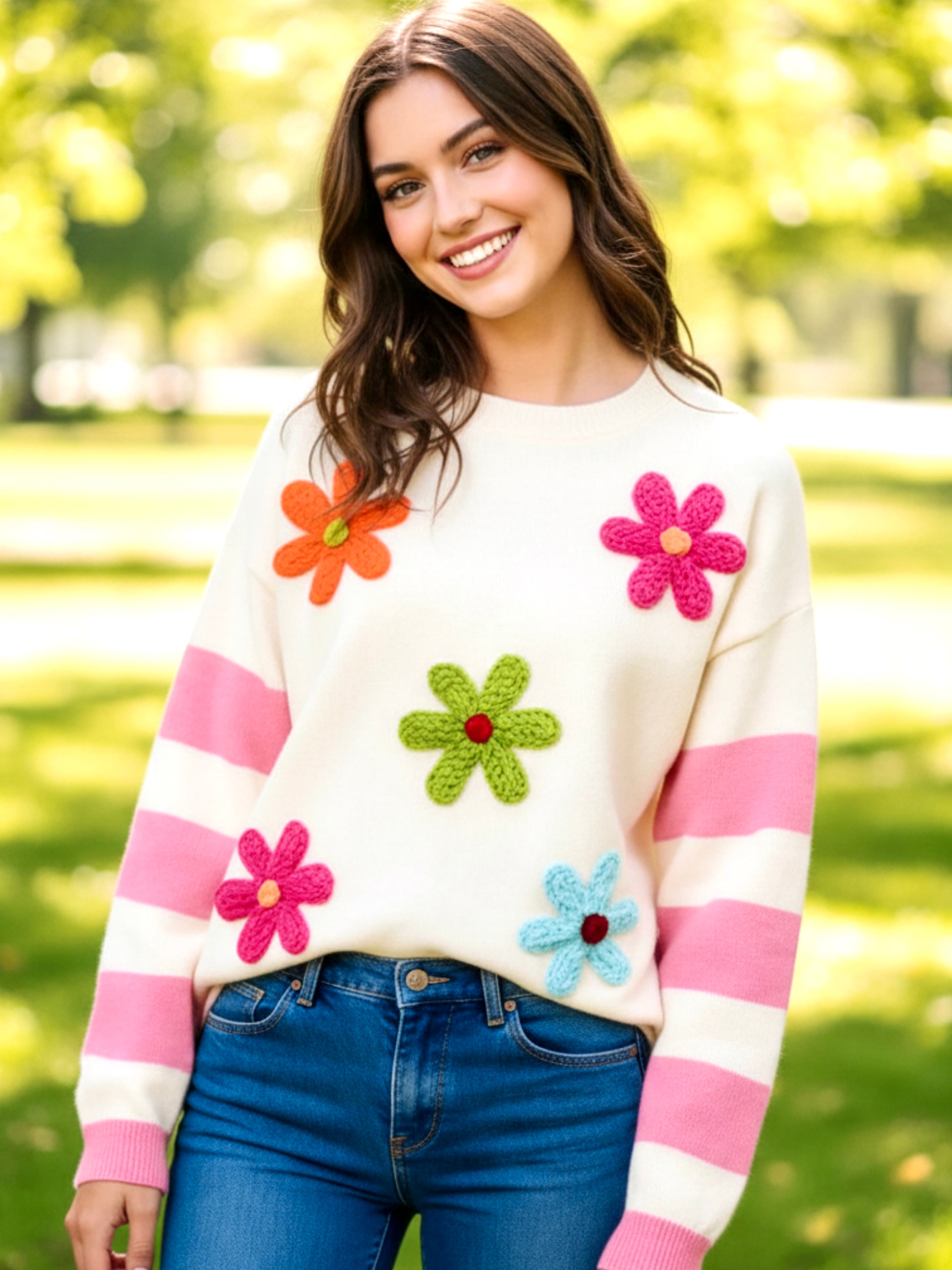 BiBi Colorful Floral Patched Sweater with Striped Sleeve