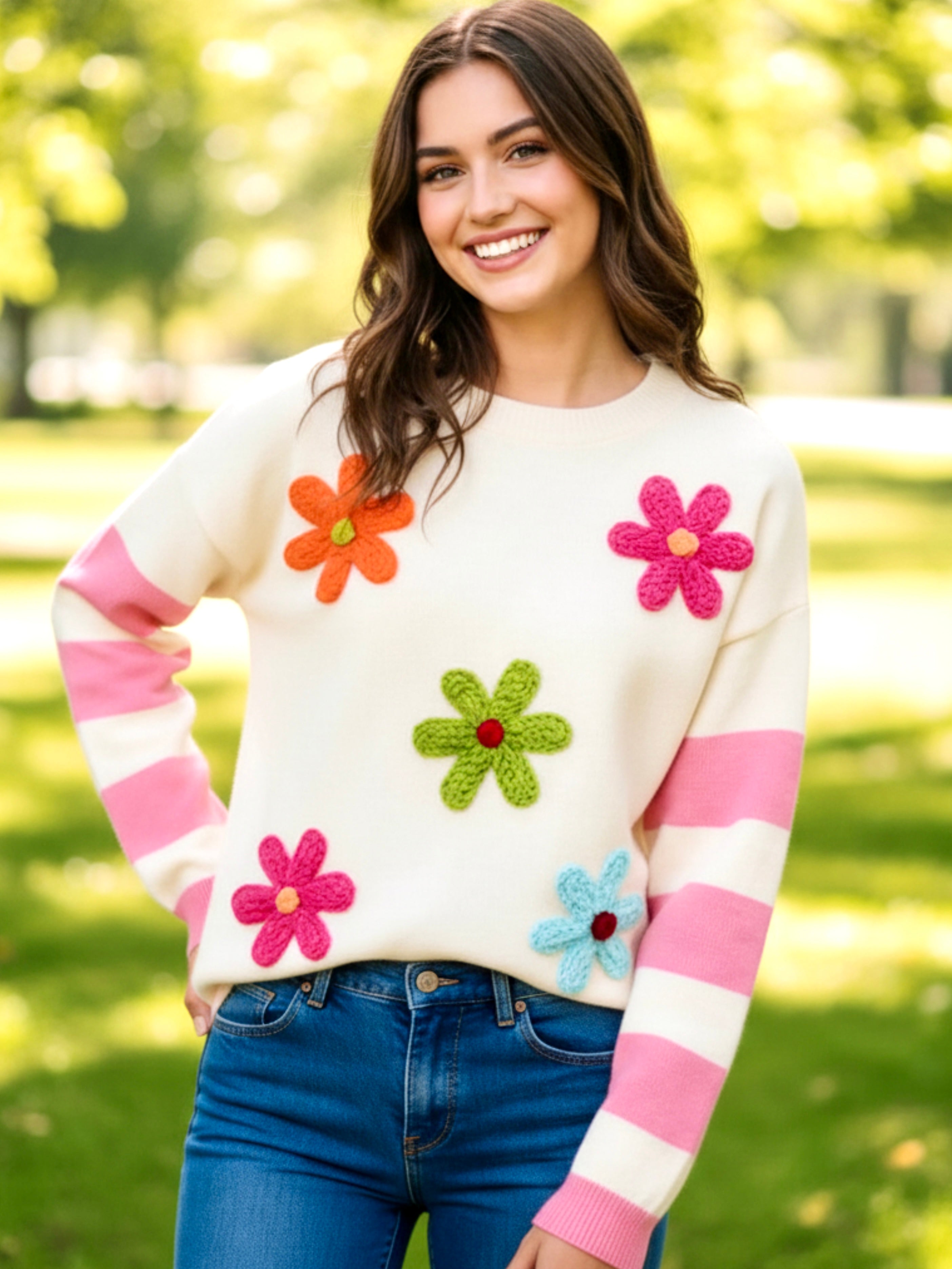 BiBi Colorful Floral Patched Sweater with Striped Sleeve