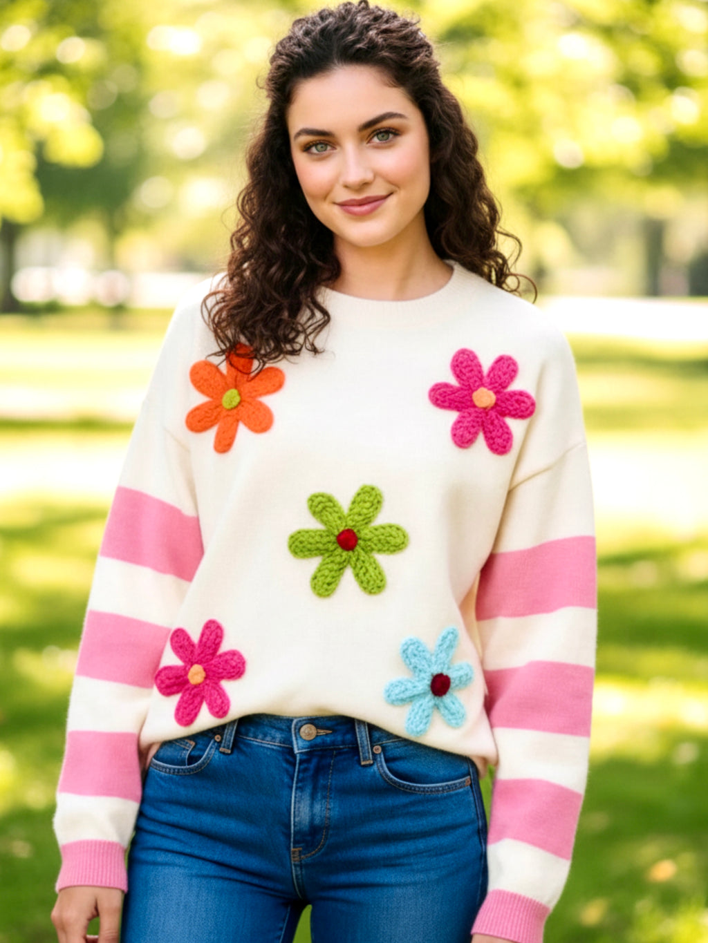 BiBi Colorful Floral Patched Sweater with Striped Sleeve