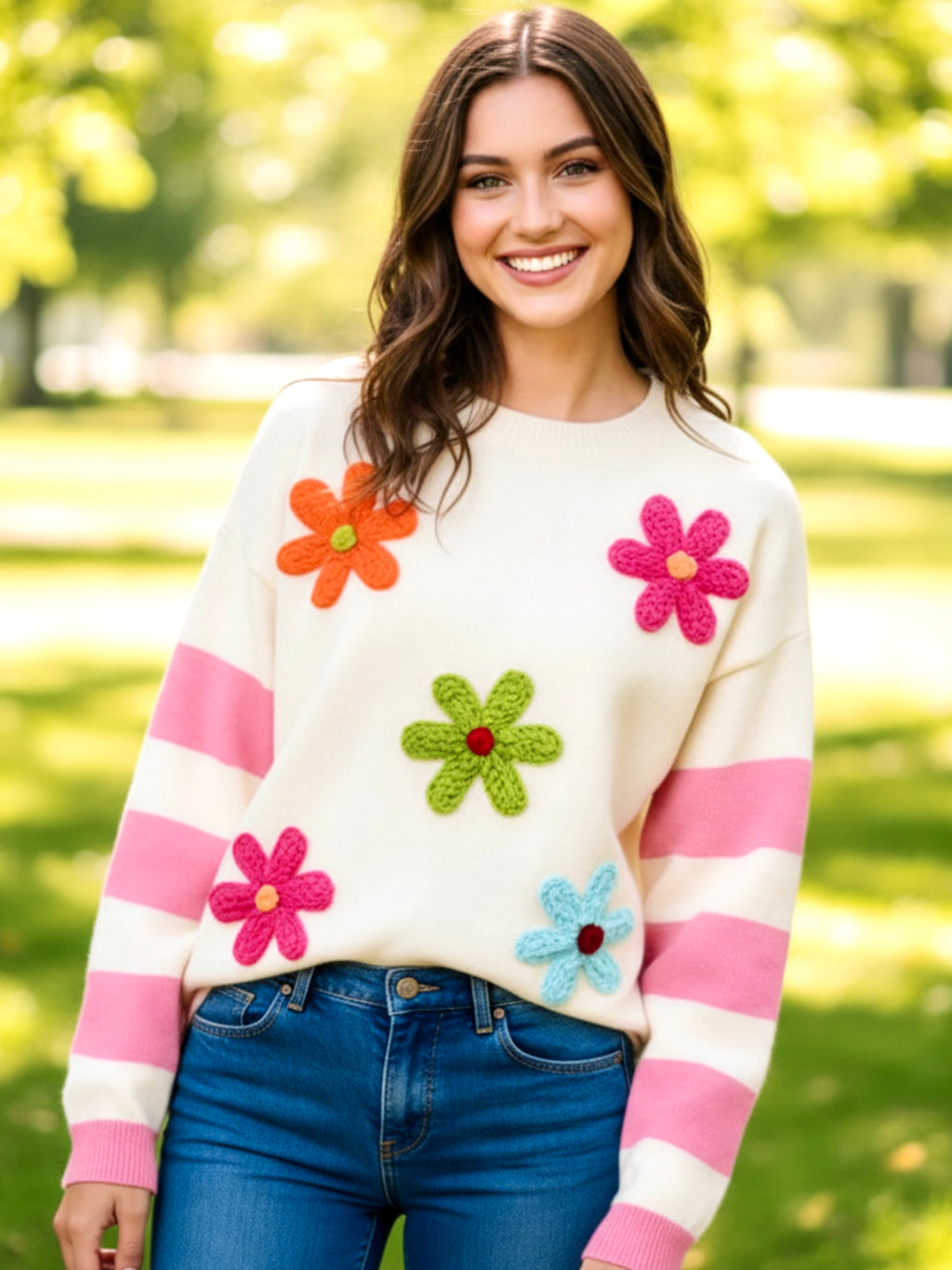 BiBi Colorful Floral Patched Sweater with Striped Sleeve
