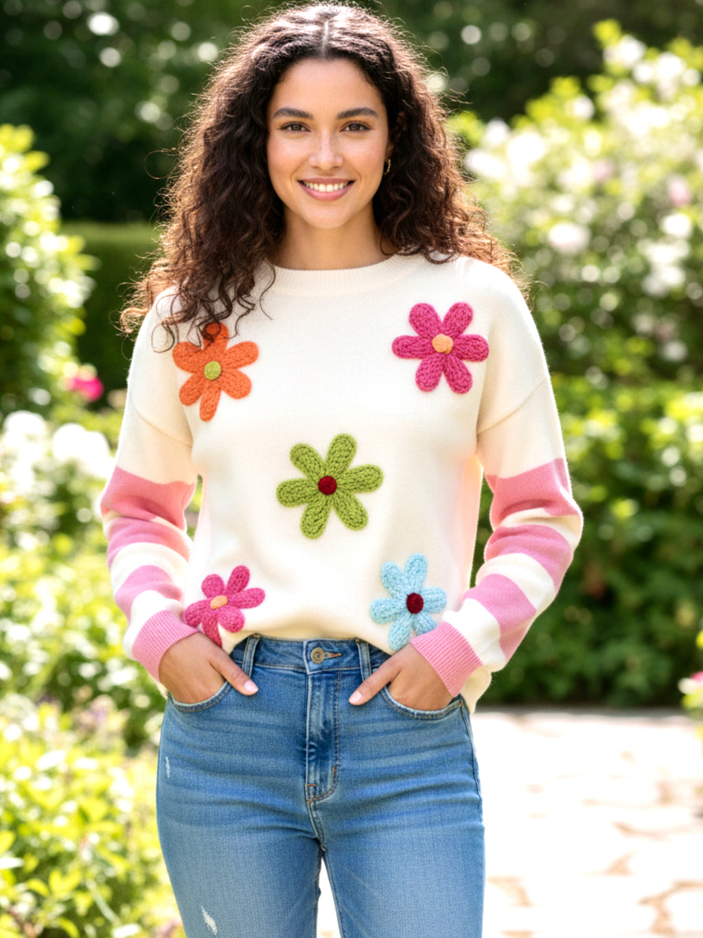 BiBi Colorful Floral Patched Sweater with Striped Sleeve
